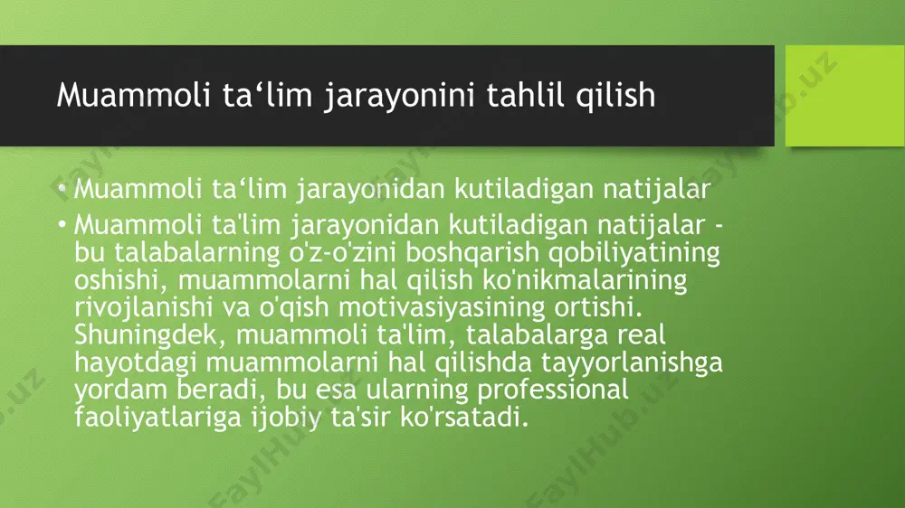 ining sifatiga diqqat qaratish zarur. 1. o‘quvchilarni baholash tizimi: baholash muammoli ta‘lim jarayonining ajralmas qismi bo'lib, o‘quvchilarning o'zgarishini va rivojlanishini kuzatishda yordam beradi. 2. o‘qituvchilarning tayyorgarligi: o‘qituvchilar muammoli ta‘lim usullarini o'zlashtirishi va o‘quvchilarga ko‘mak berish uchun tayyor bo‘lishi kerak. 3. o‘quv materiallarining sifati: o‘qitish jarayonida foydalaniladigan materiallar muammoli muhitda samarali ta'lim berish uchun mos bo‘lishi zarur. o‘qituvchilarning ko‘nikmalari ko‘nikmalar**: muammoli ta'lim jarayonida o‘qituvchilar mantiqiy fikrlash, muammolarni hal qilish va talabalarning o‘z-o‘zini boshqarish ko‘nikmalariga ega bo‘lishlari kerak. ushbu ko‘nikmalar o‘quv jarayonini samarali tashkil etish va talabalarni faol ishtirok etishga undashda muhim ahamiyatga ega. o‘qituvchilar va talabalar o‘rtasidagi o‘zaro aloqa muammoli ta'limda samarali aloqa o‘rnatish o‘qituvchi va talabalar o‘rtasidagi bilim almashinuvi va fikrlar muhokamasini ta'minlaydi. bu o‘zaro aloqalar talabalarni faol ishtirok etishga va o‘rganish jarayonida yanada chuqurroq fikr yuritishga undaydi. muammoli ta'lim jarayonida o‘zaro aloqa natijalariga talabalar orasida ijodkorlik va jamoaviy ishlash ko‘nikmalarini rivojlantirish kiradi. bunday aloqa, shuningdek, o‘qituvchining talabalarning ehtiyojlarini yaxshiroq …