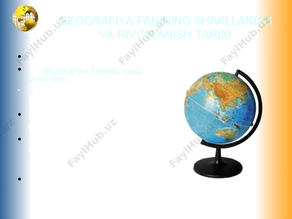 9-a.ning 80-y.larida rus-tuzem maktablarida, 1900 y.dan yangi usul maktablarida dastur bo`yicha o`qitildi. 19-a. 90-y.laridan geografiyadan birinchi o`quv qo`llanmasi — "yer xususida ilmdan olingan so`zlar" o`zbek tilida nashr etildi. 1880-y.larda hoji yusuf hay`atiy (1842—1924) geografik globus yasadi. 1905 y.da yangi usul maktablari uchun "turkiston va unga yondosh mamlakatlarning haritasi" nashr qilindi. o`zbekistan hududida geografiya m. behbudiyning "qisqacha umumiy geografiya" (1902), "aholi geografiyasiga kirish" (1903), fotih karimning "geografiya" (1914), muhammad aminkarimiyning "jugrofiyai riyoziy" (1914), munavvarqori abdurashidxon o`g`lining "yer yuzi" (1915), n.i. balashovning "turkiston geografiya o`qumligi" (1922) darsliklari nashr etildi. 1930 y.dan1990 y.gacha umumiy ta`lim maktablarida faqat o`zbekiston tabiiy va iqtisodiy geogr.si mahalliy mualliflar yozgan darslik va qo`llanmalar asosida o`qitildi. geografiyani o`qitish metodikasi bo`yicha o`quv qo`llanmalari, darsliklari nashr qilindi. geografiyaga oid o. ibrohimovning "geografiya terminlari" (1935), m. bektemirov va saidrasulovning "qisqacha ruscha-o`zbekcha geografiya terminlari lug`ati" (1940), n, dolimov va b.ning "geografik terminlarning qisqacha ruscha-o`zbekcha lug`ati" (1953), h.h. hasanovning "geografik terminlar lug`ati" (1964), s. …