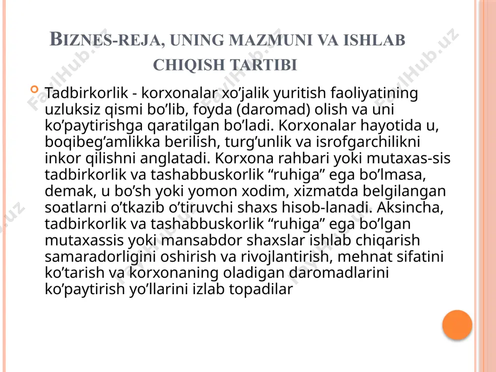 ’in, zilzila, soliqni boshqarishdagi o’zgarishlar va valyuta kursining tebra-nishi) oldindan hisoblab chiqiladi. ikkinchi qismda esa tavakkalchilik xavfining oldini olish, ya’ni tavakkalchilik va zararlarni qisqartirish chora-tadbirlari ko’rsatiladi, shuningdek, tavakkalchilik xavfidan sug’urta-lash dasturi amalga oshiriladi. moliyaviy reja biznes-rejaning yakunlovchi bo’limi bo’lib, korxona faoliyatining natijalarini tavsiflaydi. u quyidagi bo’limlarni o’z ichiga oladi: -savdo hajmining bashorati; - pul daromadlari va xarajatlari balansi; - foyda va zarar bo’yicha reja. mazkur rejaning ko’rsatkichlari sifatida quyidagilarni ko’rsatish mumkin: - tovarlarni sotishdan tushgan daromad; - ishlab chiqarish xarajatlari; -savdodan tushgan umumiy foyda; -sof foyda; - korxona aktiv va passivining solishtirma balansi; - zararsizlikka erishish grafigi. image2.jpeg image3.jpeg image4.png image5.png image6.jpeg image7.png image8.png /docprops/thumbnail.jpeg