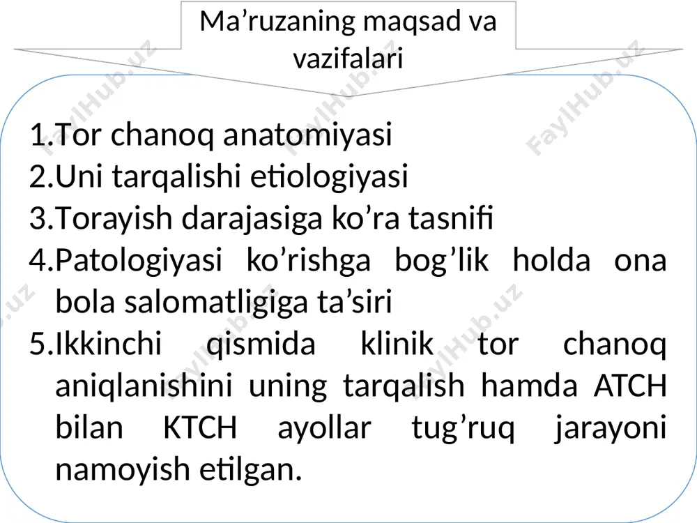 iv darajasi 0,2 % iii darajasi 0,8 % ii darajasi 21,2 % anatomik o’lchamlariga qarab: № чанок дистан. спинар. дистан. крист. дистан. трокон. кончюгата экстренна кон-та диаг-лись кон-та вера 1. нормал 25-26 28-29 30-31 20-21 13 17 2. хамма томонлама торай-ган чанок 25 27 29 19 12 10 3. инфантил 24 26 28 18 11 9 4. оддий ясси 26 29 31 18 10,5 8,5 5. ясси рахитик 26 26 31 17 9 7,5 6. хаммма тарафлама то-райган ясси 23 24 28 15 9 7 tug’ruqda uchraydigan asoratlar quyidagicha qog’onoq suvlarini barvakt yoki vaktidan oldin ketishi tug'ruqning chuzilishi tug'ruq yullariga infeksiya tushishi ikkilamchi tug'ruq kuchlarining sustligi homila asfiksiyasi tugruqda uchraydigan asoratlar quyidagicha gipo va atonik qon ketishlar homilaning ulik tugilishi simfizning ajralishi homila asfiksiyasi tug’ruqni olib borish 1 darajadagi tor chanoklarda tugruk, tabiiy tugruk yullari orkali olib boriladi 2 darajada ba'zan tugruk, tabiiy tugruk yullari orkali olib boriladi 3 darajada …