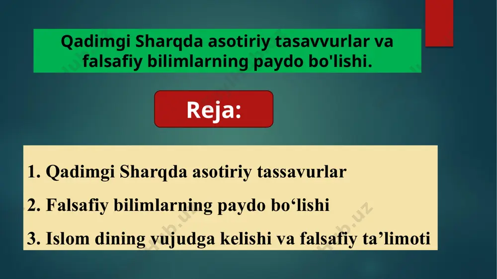 ; g) afsonaviy va diniy tasavvurlardagi xayoliy fikrlarga asoslangan odamlarning ilmiy bilishdagi falsafiy tafakkur qilishdagi ongsizlikka barham berish zaruriyati. qadimgi hind jamiyati hayot haqidagi ilk manba vedalar hisoblanadi. hindistonning qadimiy gimni, falsafiy qarashlari uning madaniy merosining yozma yodgorliklarida, asosan 4 vedada (bilimlar, diniy gimnlar, qo’shiqlar to’plami) o’z ifodasini topgan. bu vedalardan eng muhimi rigveda bo’lib, eramizdan taxminan 1500 yil oldin maydonga kelgan. sharq mamlakatlaridagi ijtimoiy-falsafiy fikrlar bir-biri bilan bog’langan, yaxlit jarayon sifatida vujudga kelgan dinlar inson kamoloti borasida faoliyat olib borgan. yer yuzidagi barcha dinlar inson va jamiyatni kelib chiqishini ilohiy kuch asosida tushuntirib beradi. mana shunday dinlardan biri viii asrda markaziy osiyoda rivojlangan islomdir. islom dining rivojlanishiga sharq xalqlarining ta’siri katta bo’ldi. islom dinining muqaddas kitobi «qur’oni karim»dir. sharq falsafasi atamasi bilan osiyo qitʼasida paydo boʻlgan falsafiy oqimlar, qarashlar majmuasi nomlanadi. sharq falsafasiga hind, xitoy, fors, yapon, koreys hamda oʻrta osiyo falsafasi kiradi. bu roʻyxatga baʼzan bobil va arab …