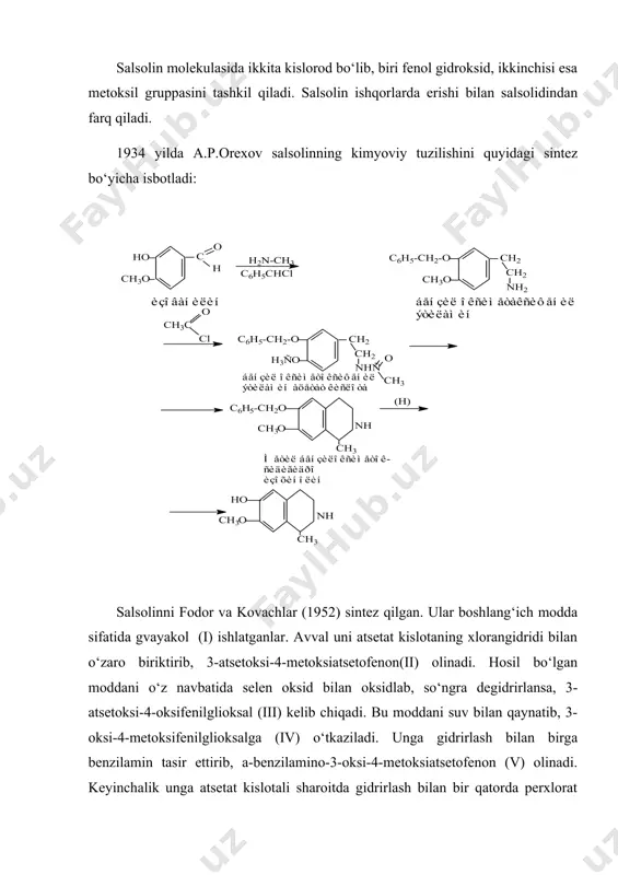 ishi bilan salsolidindan farq qiladi. 1934 yilda a.p.orexov salsolinning kimyoviy tuzilishini quyidagi sintez bo‘yicha isbotladi: salsolinni fodor va kovachlar (1952) sintez qilgan. ular boshlang‘ich modda sifatida gvayakol (i) ishlatganlar. avval uni atsetat kislotaning xlorangidridi bilan o‘zaro biriktirib, 3-atsetoksi-4-metoksiatsetofenon(ii) olinadi. hosil bo‘lgan moddani o‘z navbatida selen oksid bilan oksidlab, so‘ngra degidrirlansa, 3-atsetoksi-4-oksifenilglioksal (iii) kelib chiqadi. bu moddani suv bilan qaynatib, 3-oksi-4-metoksifenilglioksalga (iv) o‘tkaziladi. unga gidrirlash bilan birga benzilamin tasir ettirib, a-benzilamino-3-oksi-4-metoksiatsetofenon (v) olinadi. keyinchalik unga atsetat kislotali sharoitda gidrirlash bilan bir qatorda perxlorat kislota tasir ettirib xlorgidratli β-(3-oksi-4-metoksifenil)-etilamin (iv) hosil qilinadi. sintezning oxirgi bosqichida yuqorida hosil qilingan moddaga atsetat aldegid tasir ettirib, salsolin (vii) olinadi. fenantren-izoxinolin alkaloidlar opiy qoradori (opium) pishmagan ko‘knori (raravtr somniferum) boshi chilpib tashlansa shu joyidan oqqan shiraning havoda qotgani opiy hisoblanadi. uning tarkibida 22 xildan ortiq alkaloid bo‘ladi. opiy tarkibining 10-11 protsentini morfin, 5-6 protsentini narkotin, 6 protsentchasini papaverin 1,5-3 protsentini kodein, shuningdek tebain va boshqalar tashkil …