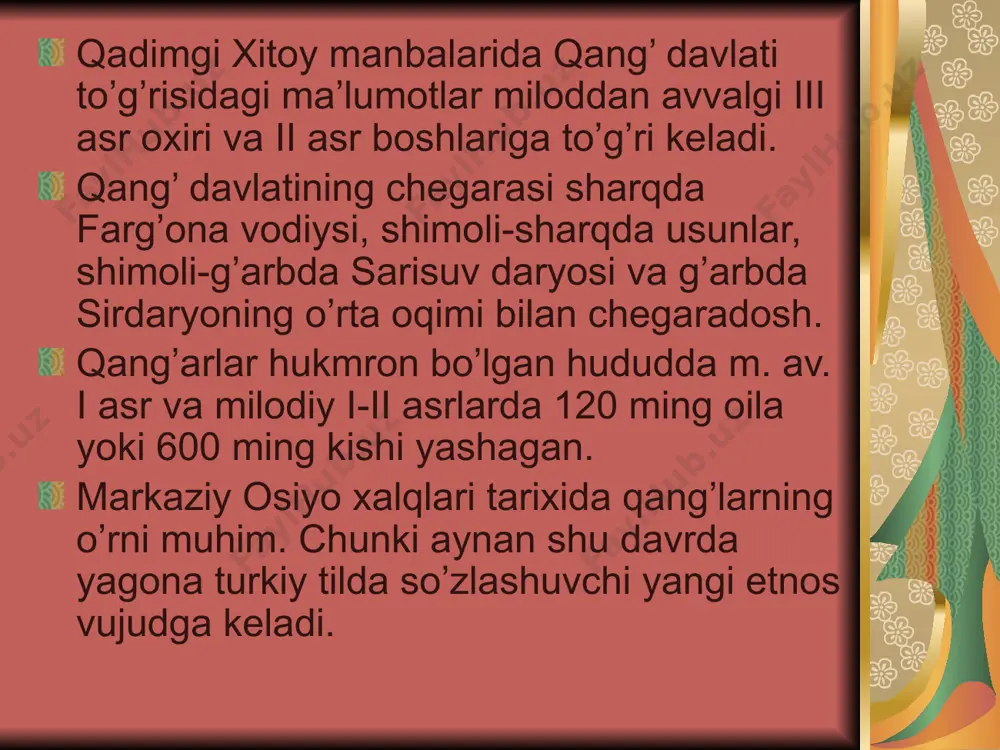 na ustiga 60 ming qo’shin, 100ming ho’kiz, 30ming ot, 10 ming xachir, eshak, tuya va 50 nafar yirik lashkarboshi yordamida qo’shin yuboradi.ikki o’rtada og’ir janglar bo’ladi. farg’onaliklar ershiga chekinishga majbur bo’ladi. xitoyliklar suvni to’sib qo’yadi. qang’ qo’shinlarining farg’onaliklarga yordamga kelishi, o’rtada sulh imzolanishiga olib keldi. xitoyliklar 3000 ot evaziga shaharni qaytib topshiradi. e’tiboringiz uchun raxmat! image6.jpeg image7.jpeg image8.jpeg image9.jpeg image10.jpeg image11.jpeg image12.jpeg image13.jpeg image14.jpeg image15.png image16.jpeg image17.jpeg image18.jpeg image19.jpeg image20.jpeg image21.jpeg image22.jpeg image23.jpeg image1.wmf image2.png image3.png image4.png image5.png