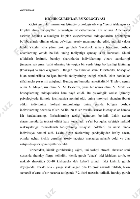 ldi. birinchidan, kichik guruhlarning xajmi, uni tashqil etuvchi shaxslar soni xususida shunday fikrga kelindiki, kichik guruh "diada" ikki kishidan tortib, to maktab sharoitida 30-40 kishigacha deb kabo`l qilindi. ikki kishilik guruh deyilganda, avvalo oila - yangi shakllangan oila ko`prok nazarda tutiladi, lekin samarali o`zaro ta`sir nazarda tutilganda 7-2 kishi nazarda tutiladi. bunday guruh turli ijtimoiy-psixologik tadqiqotlar uchun ham, sotsial-psixologik treninglar o`tkazish uchun ham qo`lay hisoblanadi. ikkinchidan, guruhning ulchami qanchalik katta bo`lsa, uning alohida olingan shaxslar uchun kadrsizlanib borish xavfi kuchayadi. ya`ni, shaxsning ko`pchilikdan iborat guruhdan o`zini tortish va uning normalarini bo`zishga moyilligi ortib boradi. uchinchidan, guruhning xajmi kichiklashib borgan sari shaxslararo o`zaro munosabatlar taranglashib boradi. chunki, shaxslarning bir-birlari oldida mas`uliyatlarining oshishi va yaqindan bilishlari uning o`rtasidagi aloqalarga doim aniqlik bo`lishini talab qiladi. munosabatlardagi har qanday disbalanslar ochik holdagi ziddiyatlarni keltirib chiqaradi. turtinchidan, agar guruh a`zolarining soni tok bo`lsa, ular o`rtasidagi o`zaro munosabatlar juft bo`lgan holdagidan ancha yaxshi bo`ladi. shundan bo`lsa …