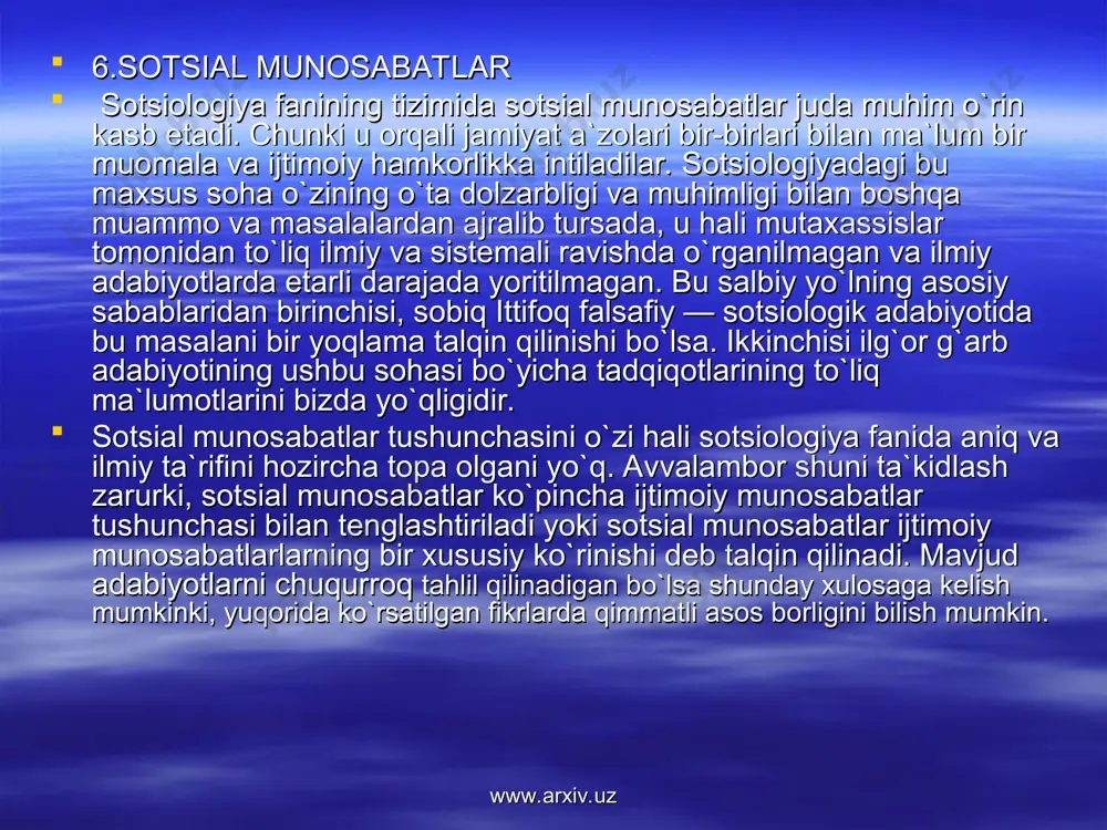 oladi va shu sabab orqali byurokrat boshqaruvchilar tashkiloti vujudga kelishi mumkin. o`z-o`zidan tabiiyki bu jarayonlar tufayli ishchilar o`zlarining mehnatlaridan manfaatdorlikni his qilmaydilar. www.arxiv.uz www.arxiv.uz o`z ma`naviyatlari boy madaniy meroslaridan uzoqlashib ketib, undan begonalashsalar, ular endi o`zlarini kelib chiqishlaridan tortib, to o`z millatlarining ham milliy urf-odatlari, an`analarini ham inkor qila boshlaydi. agarda yaqin o`tmishimizga, uning tarixiga murojat etsak ushbu satrlarimizni yaqqol isbotini ko`ramiz. masalan, boy madaniy merosimizdan begonalashuvimiz bizlarni atoqli adib chingiz aytmatovning ta`biricha manqurtlarga aylantiray dedi, ya`ni biz o`z xalqimiz tarixi, milliy ozodlik harakatlari va ularning sarkardalari, dinimiz va o`zligimizdan uzoqlashib qoldik. davlatimiz mustaqilligiga erishib, madaniy begonalashuvni bartaraf etishni boshladik. sotsiologiyadagi muhim begonalashuv hisoblangan sotsial begonalashish insonlarni muloqatdan, bir-birlaridan uzoqlashishlari natijasida yuzaga keladi. inson o`z mohiyatiga ko`ra ijtimoiy xususiyatga egadir o`zaro faoliyat tufayli paydo bo`lgan ehtiyojlar asosida doim insonlar bir-birlari bilan munosabatlarda muloqatlarda bo`ladilar. muloqatning ijtimoiy ma`nosi shundaki u madaniyat shakllari va ijtimoiy tajribalarni uzatish vositasi bo`lib xizmat qiladi. www.arxiv.uz …