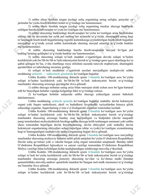 ning ehtiyojlari uchun bajarilgan ishlar va (yoki) ko‘rsatilgan xizmatlar haqini to‘lash kechiktirilganligi; 3) manfaatdor shaxs soliqni bir yo‘la to‘lashi oqibatida uning nochorligi (bankrotligi) alomatlari paydo bo‘lishi xavfi yuzaga kelganligi; 31) manfaatdor shaxs faoliyatni uch yildan ortiq vaqtdan buyon amalga oshirayotganligi hamda hisoblangan soliqlarni o‘z vaqtida to‘lab kelganligi, ammo moliyaviy ahvoliga ko‘ra soliq qarzini belgilangan muddatlarda to‘lash imkoniyatiga ega bo‘lmaganligi; 32) agar manfaatdor shaxs (tadbirkorlik subyekti) ushbu kodeks 101-moddasining birinchi qismiga binoan soliq to‘lashni kechiktirish huquqi to‘g‘risidagi xabarnomani yer uchastkalari, binolar va inshootlarga bo‘lgan mulk huquqi davlat ro‘yxatidan o‘tkazilgan kundan e’tiboran uch oy ichida soliq to‘lovchining shaxsiy kabineti orqali yer uchastkalari, binolar va inshootlarga bo‘lgan mulk huquqi davlat ro‘yxatidan o‘tganligining qayd raqamini va sanasini ko‘rsatgan holda soliq organlariga yuborgan bo‘lsa; 33) agar o‘tgan yil yakunlari bo‘yicha jami daromadi o‘n milliard so‘mdan oshmagan shaxs soliq qarzi yuzaga kelgan sanadan e’tiboran bir oy ichida soliq organlariga soliqlarni bo‘lib-bo‘lib to‘lash huquqi to‘g‘risida xabarnoma yuborgan …