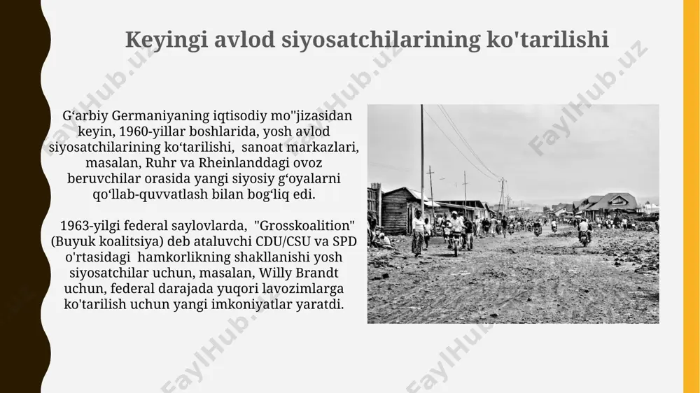 harakatlari g'arbiy germaniyadagi yoshlar madaniyati vakillari, 1000 dan ziyod faol bilan, an'anaviy qadriyatlarga va amerika qo'shma shtatlari siyosatiga qarshi kurash olib borishdi, shu bilan birga sotsializm va kommunizm g'oyalarini targ'ib qildilar. 1960-yillarning boshlarida g'arbiy germaniyaning yirik shaharlari, masalan, myunxen va frankfurtda, talabalar orasida 2000 dan ortiq ishtirokchi bilan ommaviy namoyishlar va norozilik mitinglari bo'lib o'tdi, bu esa yoshlar madaniyatining faol siyosiylashuvini ko'rsatdi. e'tiboringiz uchun rahmat @taqdimot_robot image1.jpg image2.jpg image3.jpg image4.jpg image5.jpg image6.jpg image7.jpg image8.jpg image9.jpg image10.jpg image11.jpg image12.jpg image13.jpg image14.jpg image15.jpg image16.jpg image17.jpg