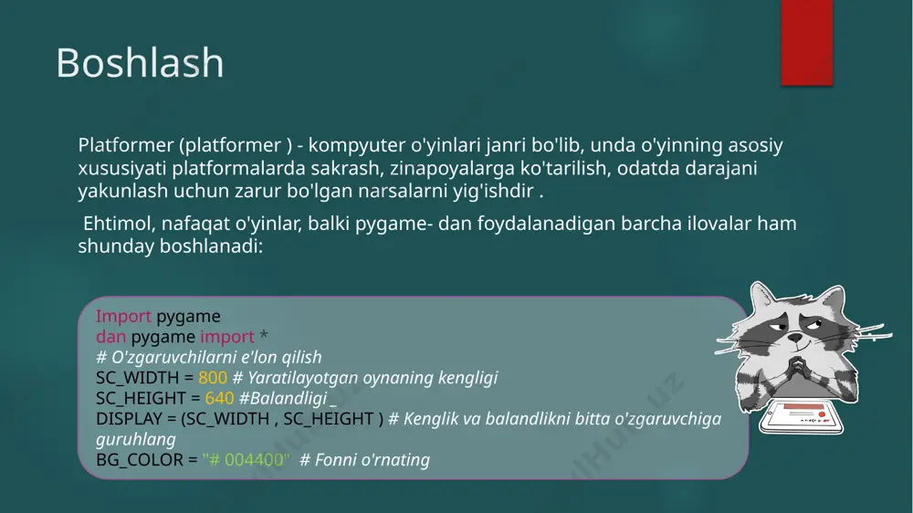 rilgan va xarakterimiz harakatlanadigan virtual ikki o'lchovli makonning cheklangan maydonini tushunamiz. darajani qurish uchun m dan n gacha bo'lgan ikki o'lchovli massivni yaratamiz. har bir katak ( m, n ) to'rtburchak bo'ladi. to'rtburchakda biror narsa bo'lishi mumkin yoki u bo'sh bo'lishi mumkin. biz platformalarni to'rtburchaklar shaklida chizamiz. pl_width = 32 pl_height = 32 pl_color = "#ff6262" 4 renderlash biz yangi fayl yaratamiz *. py , unda biz o'yin darajalarini chizamiz. import * faylda biz "bo'sh joy" belgisi bo'sh joy bo'ladigan darajani chizamiz va "chiziq" belgisi devor bloki bo'ladi. hozirda har bir satrda maksimal 25 ta element mavjud. 1-darajali = [ "--------------------------------" , "- -" , "- -" , "- -" , "- -- -" , "- -" , "-- -" , "- -" , "- --- -" , "- -" , "- -" , "---- -" , "- -" , "------------ -" , "- -" , "- - -" , …