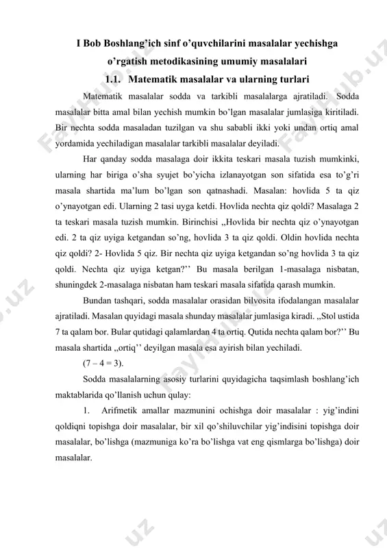 ir nechta qiz o’ynayotgan edi. 2 ta qiz uyiga ketgandan so’ng, hovlida 3 ta qiz qoldi. oldin hovlida nechta qiz qoldi? 2- hovlida 5 qiz. bir nechta qiz uyiga ketgandan so’ng hovlida 3 ta qiz qoldi. nechta qiz uyiga ketgan?’’ bu masala berilgan 1-masalaga nisbatan, shuningdek 2-masalaga nisbatan ham teskari masala sifatida qarash mumkin. bundan tashqari, sodda masalalar orasidan bilvosita ifodalangan masalalar ajratiladi. masalan quyidagi masala shunday masalalar jumlasiga kiradi. ,,stol ustida 7 ta qalam bor. bular qutidagi qalamlardan 4 ta ortiq. qutida nechta qalam bor?’’ bu masala shartida ,,ortiq’’ deyilgan masala esa ayirish bilan yechiladi. (7 – 4 = 3). sodda masalalarning asosiy turlarini quyidagicha taqsimlash boshlang’ich maktablarida qo’llanish uchun qulay: 1. arifmetik amallar mazmunini ochishga doir masalalar : yig’indini qoldiqni topishga doir masalalar, bir xil qo’shiluvchilar yig’indisini topishga doir masalalar, bo’lishga (mazmuniga ko’ra bo’lishga vat eng qismlarga bo’lishga) doir masalalar. 2. amalning noma’lum komponentlarini (qo’shiluvchi, kamayuvchi, ayriluvchi, ko’paytuvchi, …