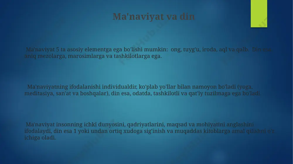 va ijtimoiy – o'rganish, insonning butun dunyoga bo'lgan munosabatini tushunishga yordam beradi. transandantal ma'naviyat, immanentistik ma'naviyat bilan qarama-qarshi ravishda, 2 ta asosiy ontologik yondashuvni ifodalaydi, bu yerda birinchisi haqiqatni tashqi manbalarda qidiradi, ikkinchisi esa ichki tajribalarga tayanadi. zamonaviy ma'naviyat muammolari zamonaviy ma'naviyat muammolari orasida 21-asr texnologiyalari ta'siri ostida shaxsning ruhiy qadriyatlari va an'anaviy e'tiqodlarining zaiflashuvi muhim o'rin tutadi. ma'naviy bo'shliqning ortishi natijasida ekstremistik va terroristik g'oyalar tarqalishi xavfi 5 baravar oshganligi kuzatilmoqda, bu esa ijtimoiy barqarorlikka tahdid soladi. globalizatsiya jarayonida madaniy xilma-xillikning kamayishi va bir xil standartlarning ustunligi ma'naviy qarashlarning monoxromlashuviga olib kelmoqda, bu esa 30% ga yaqin aholini ta'sir qilmoqda. ma'naviyatning mohiyati ma'naviyatning mohiyati insonning ichki dunyosi, 3 ta asosiy qismdan: axloq, e'tiqod va maqsaddan iborat bo'lib, shaxsning o'z-o'zini anglashi va hayot ma'nosini izlashi bilan bog'liqdir. ma'naviyat 5 ta asosiy xususiyatga ega: o'z-o'zini anglash, ma'naviy qadriyatlarga ega bo'lish, insonparvarlik, ijtimoiy javobgarlik va ruhiy taraqqiyotga intiluvchanlik. ma'naviyatning rivojlanishi 7 bosqichdan …