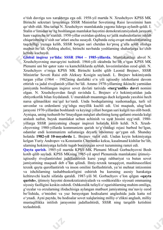 rish, boqimanda qarzlardan voz kechish, kolxozchilarning tomorqalarini kengaytirish, qishloq xo‘jalik mahsulotlariga davlat xarid narxlarini va kolxoz bozori imkoniyatlarini oshirish, shuningdek, qishloqqa texnika yetkazib berish uchun kapital mablag‘larni ko‘paytirish ko‘zda tutildi. qozog‘iston, sibir va volga bo‘yidagi qo‘riq va bo‘z yerlarni o‘zlashtirish g‘alla yetishtirishni tez ko‘paytirishning muhim omili sifatida qaraldi. natijada 1950-yillarning ikkinchi yarmida qishloq xo‘jaligi mahsulotlarini ishlab chiqarish keskin o‘sib, kol- xozlarning pul daromadlari 3 martadan ko‘proqqa oshdi. jamiyatni siyosiy liberal- lashtirish ham boshlandi. 1956-yil fevralda kpss xx syezdida n. xrushchyov «shaxsga sig‘inish va uning oqibatlari to‘g‘risida» nutq bilan chiqdi. bu nutq o‘zining barcha kamchiliklariga qaramasdan, sovet totalitar davlatining xarakterini, stalin va uning sheriklari amalga oshirgan jinoyatlarni ochib tashladi, shaxsga sig‘inishning mohiyati va ko‘lamini anglash jarayonini boshlab berdi. jamiyatda o‘ta ochiq bo‘lmasada, bu muammolar keng miqyosda muhokama qilina boshlandi. stalin davrida qatag‘on qilinganlarni oqlash jarayoni ommaviy tus oldi. ayni paytda, xx syezd xalqaro kommunistik harakatning inqirozini boshlab berdi va sotsialistik tizim …