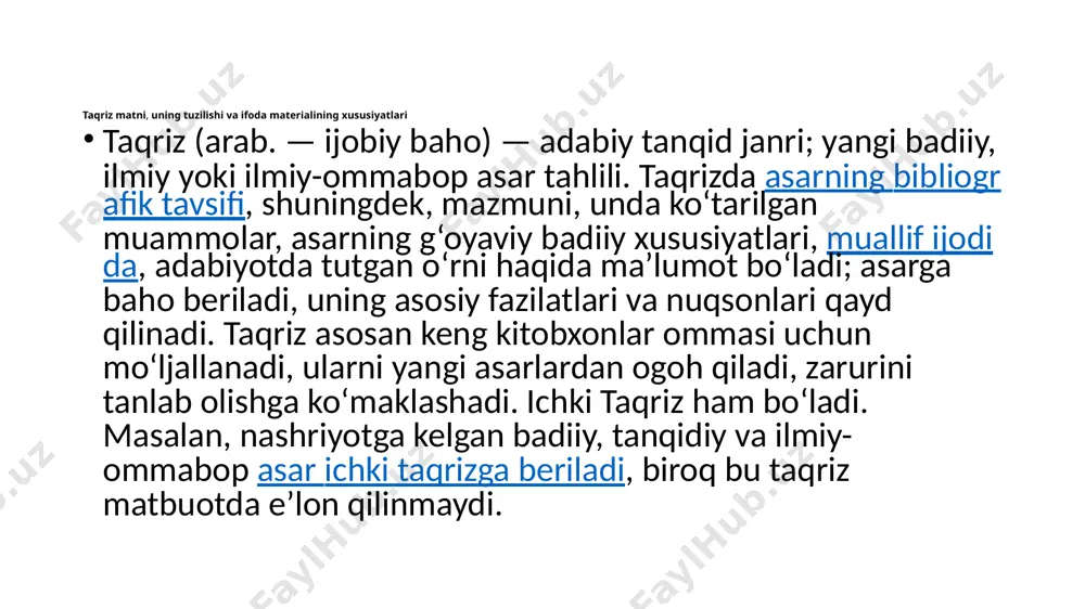 qarashlarini aniqligi va o‘zining pozitsiyasi ham juda muhim hisoblanadi. taqriz ustida ishlash va tahlil qilish taqriz yozish tahlil qilmoqchi bo‘lgan obyektni to‘g‘ri tanlay bilishdan boshlanadi. ob’ekt tanlanganidan keyin uni tahlil qilish uchun zarur manbalar yig‘iladi. ana shu tayyorgarlik jarayoni taqrizni muvaffaqiyatli chiqishda muhim rol o‘ynaydi. masalan: teatr tanqidchilari taqriz yozish uchun e’tiborni asarning o‘ziga qaratadi. haqiqatda esa teatrga borib spektaklni ko‘rish kerak, hatto repititsiyalarni kuzatish zarur. taqrizda muallifning mazkur mavzudagi uzoqni ko‘ra bilishi xal qiluvchi rol o‘ynaydi. tanqidchining dunyoqarashi qanchalik keng bo‘lsa. ishonchli sharhlar, diqqatni tortadigan muallif fikrlari uchun isbot mazmunli tasvir ahamiyat chiqadi. т а q r i z ushbu qo‘llanma rus tilida so‘zlashuvchi guruhlar uchun mo‘ljallangan bo‘lib,oliy va o‘rta maxsus ta’lim vazirligi tavsiya qilgan namunaviy dastur asosida tuzilgan. qo‘llanma o‘quv yili davomida rejaga binoan olib boriladigan mavzularni o‘z ichiga qamrab olgan. qo‘llanmada turli manbalardan foydalanilganligi, matnlarning mazmundor, o‘ziga xos qaytarilmasligi ko‘zga tashlanadi. shuningdek, telekommunikatsiya, aloqa sohasi bilan bevosita …