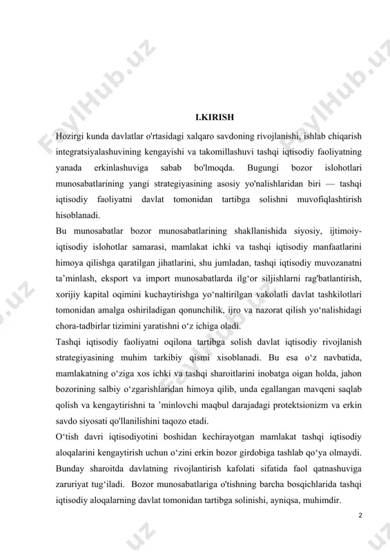 ab qo‘ya olmaydi. bunday sharoitda davlatning rivojlantirish kafolati sifatida faol qatnashuviga zaruriyat tug‘iladi. bozor munosabatlariga o'tishning barcha bosqichlarida tashqi iqtisodiy aloqalarning davlat tomonidan tartibga solinishi, ayniqsa, muhimdir. bu esa, birinchi navbatda, tashqi savdo va tashqi iqtisodiy faoliyatning boshqa shakllarini tartibga solish mexanizmlarini o‘zgaruvchan ichki va tashqi sharoitlarga muntazam moslashtirib borishni, ya’ni oqilona tashqi iqtisodiy siyosat yurgizishni talab etadi. bozor iqtisodiyoti sharoitida, bozor munosabatlarining asosiy tamoyillari amalda bo‘lishi davlat tomonidan, mamlakat iqtisodiy havfsizligini ta’minlash va umummilliy manfaatlami himoya qilish, tashqi iqtisodiy faoliyat(tif)ni tartibga solish maqsadida amalga oshiriladi. tifni tartibga solish bo‘yicha davlat organlarining faoliyati deyarli barcha mamlakatlarda amalga oshiriladi. lekin bu faoliyatning ko‘lami, shakllari va usullari, aniq maqsad va vazifalari har bir mamlakatning hududiy jihatdan katta-kichikligidan, jahon xo'jaligida tutgan o‘rni, tashqi va ichki siyosatidan kelib chiqqan holda belgilanadi. erkin bozor munosabatlariga asoslangan demokratik davlat, fuqarolik jamiyatini qurayotgan o‘zbekiston respublikasi uchun iqtisodiy islohotlar strategiyasining asosiy yo'nalishlaridan biri jahon xo'jaligiga a’zo davlatlar bilan …