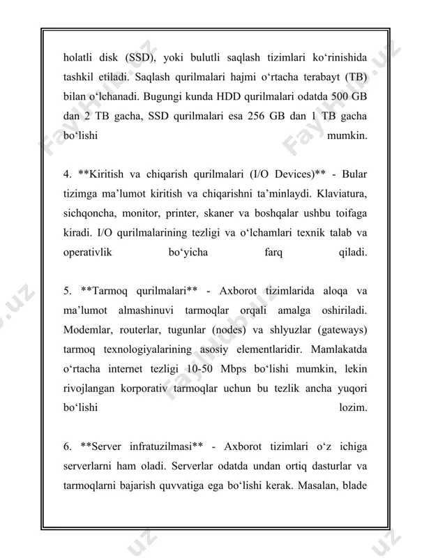 r yordamida xatti-harakatlarni nazorat qilish va boshqarish amalga oshiriladi. 7. **kompyuter texnologiyalari**: quyida kompyuter tizimlari ishlaydi. o'rnatilgan loyihaviy prinsiplar yordamida turli xil dasturlarni bajarish uchun apparat vositalari (cpu, gpu, ram) orqali amalga oshiriladi. ushbu tamoyillar amaldagi texnik vositalarning keng doirasi uchun asos sifatida xizmat qiladi va ularning asosi tushunarli bo'lsa, turli tizimlar va jarayonlarni samarali boshqarish va rivojlantirish imkonini beradi. texnik qurilmalar sifatida shuningdek avtomobil tormozlari, yadro reaktorlari, gidravlika nasoslari va boshqa ko'plab mexanizmlar misol boʻlishi mumkin. har bir turdagi qurilma o‘ziga xos fizik qonuniyatlarga va ishlash tamoyillariga ega, shuning uchun ularni tahlil qilish imkoniyatga bog'liq vazifalar uchun alohida ahamiyat kasb etadi. bularga ko'pincha qayta tiklanadigan enerjidan foydalanish imkoniyatlari, energiyani tejash usullari va ekologik xavfsizlikka oid texnologik echimlar kiradi. 3. axborot tizimlarida sensorlarning roli axborot tizimlarida sensorlarning roli juda muhim bo‘lib, u turli sohalarda keng qo‘llaniladi. sensorlar texnologiyasi so‘nggi yillarda jadal rivojlanmoqda va ularning axborot tizimlarida qo‘llanilishi ko‘plab afzalliklarni taqdim …