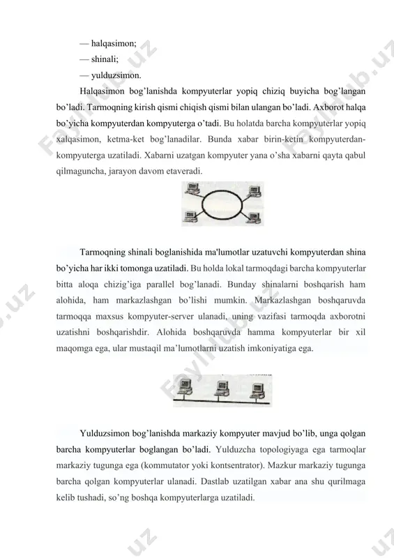 oqning shinali boglanishida ma'lumotlar uzatuvchi kompyuterdan shina bo’yicha har ikki tomonga uzatiladi. bu holda lokal tarmoqdagi barcha kompyuterlar bitta aloqa chizig’iga parallel bog’lanadi. bunday shinalarni boshqarish ham alohida, ham markazlashgan bo’lishi mumkin. markazlashgan boshqaruvda tarmoqqa maxsus kompyuter-server ulanadi, uning vazifasi tarmoqda axborotni uzatishni boshqarishdir. alohida boshqaruvda hamma kompyuterlar bir xil maqomga ega, ular mustaqil ma’lumotlarni uzatish imkoniyatiga ega. yulduzsimon bog’lanishda markaziy kompyuter mavjud bo’lib, unga qolgan barcha kompyuterlar boglangan bo’ladi. yulduzcha topologiyaga ega tarmoqlar markaziy tugunga ega (kommutator yoki kontsentrator). mazkur markaziy tugunga barcha qolgan kompyuterlar ulanadi. dastlab uzatilgan xabar ana shu qurilmaga kelib tushadi, so’ng boshqa kompyuterlarga uzatiladi. bog’lash uchun qo’llaniladigan kabellar uzatish muhiti deb yuritiladi. kabellar asosan uchga bo’linadi: -koaksial kabellar (coaxial cable), ular televizion antennaga juda o’xshash. o’tkazish tezligi: 10 mbit/sek. asosan bino ichidagi tarmoqni hosil qilishda foydalaniladi. -juftli o’ram kabellari (tvisted pair) telefon simini eslatadi. o’tkazish tezligi: 100 mbit/sek. asosan bino ichidagi tarmoqni hosil qilishda foydalaniladi …
