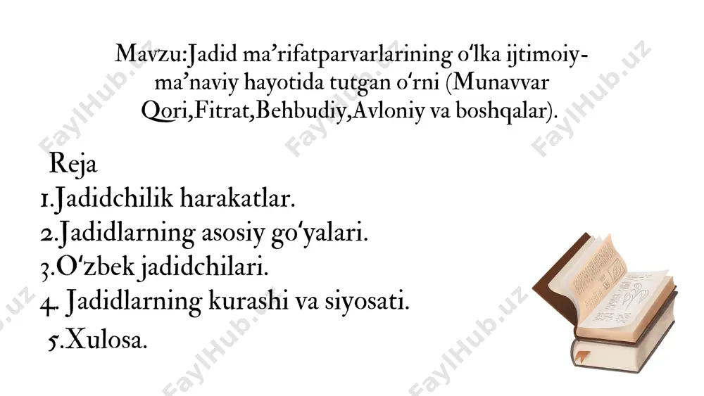 ganlar. abdulla avloniy jadidlarning maqsadi – jamiyatni modernizatsiya qilish va xalqni jaholatdan chiqarish. 1. ta’lim – yangi usul maktablarini ochish, dunyoviy fanlarni o‘qitish. 2. milliy uyg‘onish – ona tilini rivojlantirish, milliy o‘zlikni anglash. 3. matbuot – gazetalar va adabiyot orqali xalqni ongli qilish. 4. ayollar huquqlari – ta’lim olish imkonini yaratish. 5. siyosiy islohotlar – mustamlakachilik va zulmga qarshi kurash. jadidlar turkiston taraqqiyoti va erkinligi uchun harakat qilgan islohotchilar edi. jadidlarning asosiy islohotlari 1. ta’lim islohoti – eski madrasalar o‘rniga yangi usul maktablarini ochish, dunyoviy fanlarni o‘qitish. 2. matbuot va adabiyot – gazeta va jurnallar chiqarish, milliy adabiyotni rivojlantirish. 3. til va madaniyat – ona tilida ta’lim berish, milliy madaniyatni targ‘ib qilish. 4. ayollar huquqlari – ayollarga ta’lim olish imkoniyatini yaratish. 5.siyosiy islohotlar – mustamlakachilikka qarshi kurash, konstitutsiyaviy huquqlarni talab qilish. 6. ijtimoiy islohotlar – xalqni savodli qilish, ilm-fanni rivojlantirish. jadidlarning bu islohotlari jamiyatni modernizatsiya qilishga qaratilgan edi. jadidlarning ta’lim …