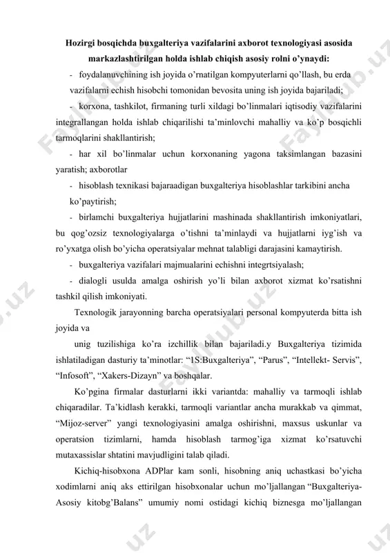 shtatini mavjudligini talab qiladi. kichiq-hisobxona adplar kam sonli, hisobning aniq uchastkasi bo’yicha xodimlarni aniq aks ettirilgan hisobxonalar uchun mo’ljallangan “buxgalteriya-asosiy kitobg’balans” umumiy nomi ostidagi kichiq biznesga mo’ljallangan dasturlar asosan sintetik va murrakab bo’lmagan tahliliy hisobni olib borish vazifalarini bajaradi: bu sinfga eng mashhur adplar “1s:buxgalteriya”, “turbo- buxgalteriya”, “folio” va boshqalardir. 1c: buxgalteriya dasturining asosiy tamoyillari “1s-buxgalteriya” dsturiy paketlar ta’minoti ikkita alohida dasturlardan iborat: 1. “uchet buxgalterskix operatsiy” (bmp.exe) – buxgalteriya hisob-kitob operatsiyalari 2. “platejnie dokumenti” (uro.exe) – to’lov hujjatlari. “uchet buxgalterskix operatsiy" (buxgalteriya hisob kitob hujjatlari) dasturiy paketi buxgalter provodkalarini (buxgalterskix provodok), birlamchi hujjatlar pechatini (pechati pervichnix dokumentov), itogoviy hisob-ki tob ko’rsatkichlari (rascheta itogovix pokazateley) va soliq ko’mitalariga mo’ljallangan hisobotlarni yaratish (formirovaniya otchetov dlya nalogovix organov) uchun ishlatiladi. "platejnie dokumenti" (to’lov hujjatlari) dasturi bank hujjatlarini yaratish, qayta ishlash, tahlil qilish, pechatga chiqarish va saqlash uchun mo’ljallangan. asosiy menyu "uchet buxgalterskix operatsiy" nomli dasturni ishlatish uchun (zapusk fayla bmp.exe) ekranida asosiy …