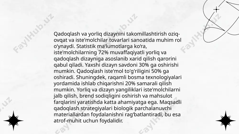 rtiq innovatsion startaplar davlat granti olish huquqini qo‘lga kiritdi. ilmiy va texnologik taraqqiyot dasturlariga 3000 nafar olim va tadqiqotchi jalb qilindi. innovatsiyalarni rag‘batlantirish maqsadida 10 ilmiy-texnologik park tashkil etildi. ushbu loyihalar o‘zbekistonning global innovatsion indeksda reytingini yaxshilashga qaratilgan. ... t.me/slaydai_bot xodimlarni malakasini oshirish korxona samaradorligini oshirish uchun muhim vositadir. o‘zbekiston statistika qo‘mitasi ma'lumotlariga ko‘ra, 2022-yilda mamlakatda jami 1,2 million xodim malaka oshirish kurslarida ishtirok etgan. o‘quv dasturlari asosan axborot texnologiyalari, menejment va ishlab chiqarish sohalarini qamrab olgan. bunday dasturlar orqali xodimlarning malakasini oshirish natijasida korxonalarning umumiy mahsuldorligi o‘rtacha 15 foizga ko‘tarilgan. dunyoda xodimlar malakasini oshirishga ajratilayotgan mablag‘ yildan-yilga oshirilmoqda va bu raqamlar 2023-yilga kelib, jahon bo‘yicha 370 milliard aqsh dollariga yetgani taxmin qilinmoqda. farmasevtik mahsulotning raqobatbardoshligini oshirish usullari mansurov maruf e'tiboringiz uchun raxmat! image1.png image2.png image3.png /docprops/thumbnail.jpeg