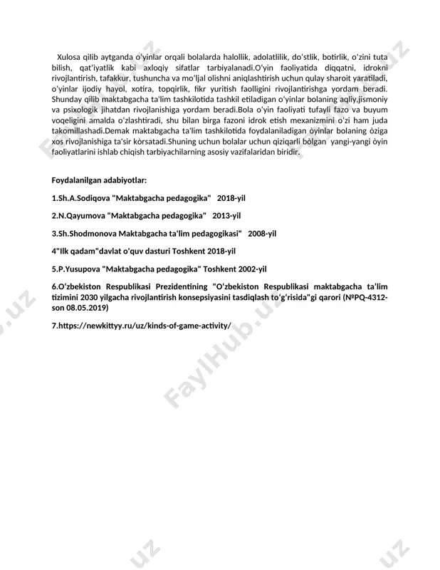 si kerak. boshqa bolalar bilan tushuntirish zarurati tufayli ulangan nutqning rivojlanishi bilan rag'batlantiriladi. faoliyatning etakchi shaklida bo'lgan o'yinda, so'zning so'zlashuv funktsiyasi bitta ob'ektni boshqalarga almashtirish bilan bog'liq. o'zgartiruvchi ob'ektlari etishmayotgan narsalar to'g'risida ish olib boradi. belgisi boshqa ob'ektni almashtiradigan har qanday haqiqiy ob'ektga xizmat qilishi mumkin. o'zgartirish ob'ektida og'zaki ta'rifni yo'qolgan mavzu bilan bog'lab, og'zaki ta'rifni o'zgartiradi.o'yin tufayli bola individual va mazali belgilarni sezishni boshlaydi. sig'inish belgilarida, sezgir xususiyatlar almashtiriladigan ob'ektga deyarli yaqin va individual belgilarning sezgir xususiyati ma'lum bir narsa deb belgilanadigan ob'ekt bilan bog'liq.shuningdek, o'yinlar refleksoriy fikrlashni rivojlantirish uchun muhimdir. masalan, shifoxonada yig'laydigan va bemorning singari azob chekadigan bola, garchi u kuchning roliga ega. hamma oʻyinlar qatori psixologik oʻyinlar ham bolalar uchun qiziqarli va ahamiyatga egadir.oʻyin bolalarni rivojlantirish va tarbiyalash vositasidir. oʻyinda bola organizmiga xos boʻlgan talab va ehtiyojlar qondiriladi. bundan koʻrinib turibdiki, bolaning rivojlanishida, taʼlim-tarbiyasida oʻynaladigan oʻyinlar muhim oʻrin egallaydi. o'yin faoliyatining asosi bolalar psixikasini rivojlantirishga yordam …