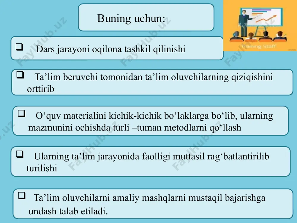 hi faoliyat turi hisoblanadi. faqat o‘yinda va o‘yin orqali bola voqelikni, shu jumladan, kishilar ijtimoiy munosabatlarini, hulqini, xatti-harakatlarini bilib oladi” o‘yinning mohiyati va tuzilishi ma’lum ko‘nikma, malaka, qobiliyat va sifatlarning har bir ishtirokchida butun o‘yin davomida shakllanishini ta’minlaydi. ta’lim jarayonda o‘yin texnologiyalaridan foydalanishda o‘qituvchi pedagogik vazifalarini senariyda aniq ifodalay olishi zarur. o‘quv faoliyatining asosiy motivi – bu o‘quv-bilish motivi bo‘lsa, o‘quv faoliyatining eng muhim motivatsiyasi esa talabada o‘zi tanlangan va asoslarini o‘zlashtirayotgan kasbga bo‘lgan qiziqishi sanaladi. talaba o‘quv jarayonidagi egallagan bilimlaridan, kasbiy malakalari va ko‘nikmalaridan hissiy jihatdan qoniqa olishi lozim. bu vazifani hal qilishda o‘qitish jarayonida o‘yinli texnologiyalardan foydalanish alohida ahamiyat kasb etadi o‘yinli texnologiyalar talabalarning ijodiy qobiliyati va kreativ tafakkurini o‘stiradi. pedagogik maqsadda foydalanilayotgan o‘yinlar o‘yin texnologiyalari deb nomlanadi. o‘yin texnologiyalari ta’lim oluvchilarni muayyan jarayonga tayyorlash, ularda ma’lum hayotiy voqelik, hodisalar jarayonida bevosita ishtirok etish uchun dastlabki ko‘nikma, malakalarni hosil qilishga xizmat qiladi . o‘quv jarayonida o‘yin texnologiyalarining o‘rni, …