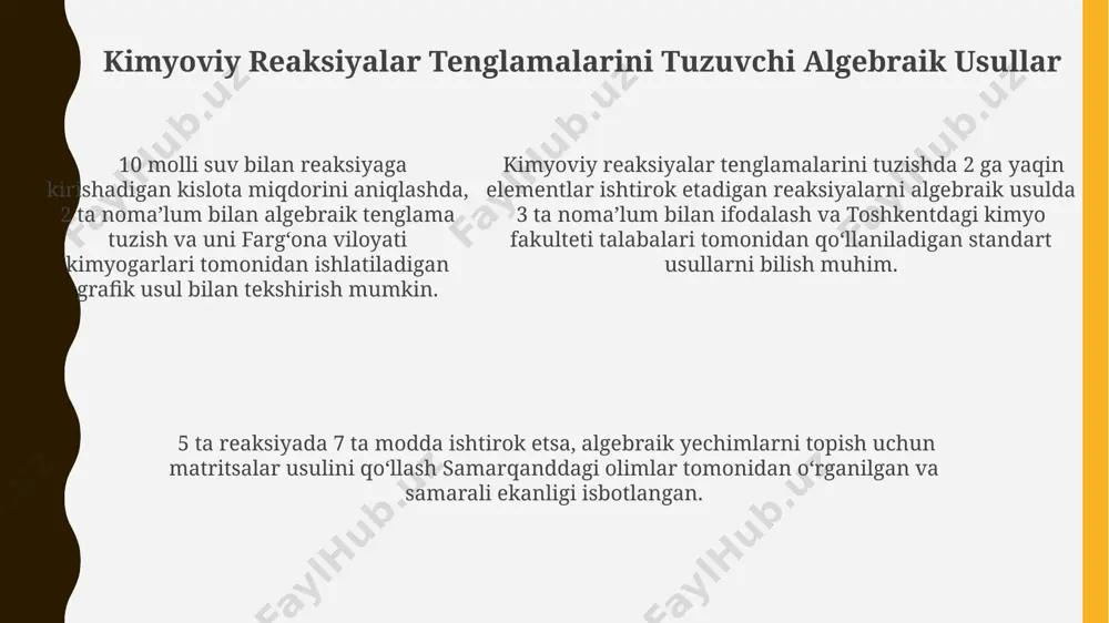 iqadigan vodorod gazining hajmini algebraik ifoda orqali hisoblash mumkin. elektrolizda faradayning ikkinchi qonuni va ekvivalent massani hisoblash uchun algebraik munosabatlar toshkentdagi kimyoviy laboratoriyada o'tkazilgan tajribalarda isbotlangan va 0,5a tok kuchida 10 minut davom etgan reaksiyalarda qo'llanishi mumkin. elektroliz jarayonida 96485 kulon (faraday doimiysi) zaryad 1 mol elektronni o'tkazishini hisoblashda algebraik tenglamalar yordamida modda miqdorini aniqlash mumkin, masalan, 2 mol mis (ii) sulfat eritmasida. gazlarning holat tenglamasi va algebra gaz aralashmalarining hajmini hisoblashda, dalton qonunidan va algebraik tenglamalardan foydalanib, masalan, 2 litr kislorod va 3 litr azot aralashmasining umumiy hajmini standart sharoitlarda aniqlash mumkin. ideal gaz qonunini (pv=nrt) qo‘llab, biror gazning massasini (m), molyar massasini (m) va temperatura (t) ni bila turib, bosim (p) ni toshkentdagi 1000 m balandlikdagi sharoitlarda hisoblash mumkin. gazlarning holat tenglamasini (pv=nrt) yechishda algebraik usullar, masalan, ikkita noma’lumli tenglama sistemasini 273 k haroratda va 1 atm bosimda 22.4 litr hajm egallagan gazning mol sonini aniqlashda qo‘llaniladi. murakkab …