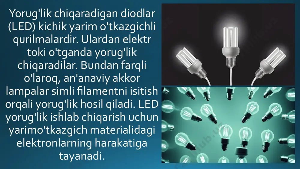 roq davom etadi. bu shuni anglatadiki, led lampochkaning ishlash muddati davomida siz energiya xarajatlarida yuzlab dollarlarni tejashingiz mumkin. bundan tashqari, led lampalar kamroq issiqlik chiqaradi. shunday qilib, ular energiyani yorug'likka aylantirishda va issiqlikni isrof qilishda samaraliroqdir. algoritm — maʼlum bir turga oid masalalarni yechishda ishlatiladigan amallarning muayyan tartibda bajarilishi haqidagi aniq qoida (dastur). kibernetika va matematikaning asosiy tushunchalaridan biri. oʻrta asrlarda sanoqning oʻnli tizimi boʻyicha toʻrt arifmetik amal bajariladigan qoidani algoritm deb atashgan. "bu qoidalarni matematikaga ix asrda al-xorazmiy kiritgan. chiziqli algoritm — barcha koʻrsatmalari hech qanday shartsiz, faqat ketma-ket bajariladigan jarayonlar. tarmoqlanuvchi algoritm — hisoblash jarayoni qandaydir berilgan shartning bajarilishiga qarab turli tarmoqlar boʻyicha davom ettiriladigan va hisoblash jarayonida har bir tarmoq faqat bir marta bajariladigan jarayonlar. takrorlanuvchi algoritm — biron bir shart tekshirilishi yoki qandaydir parametrning har xil qiymatlari asosida algoritmda takrorlanish yuz beradigan jarayonlar. aralash (kombinatsiyalashgan) algoritm — tarkibida bir necha turdagi algoritmlar qatnashgan algoritmdir. algoritm xususiyatlari …