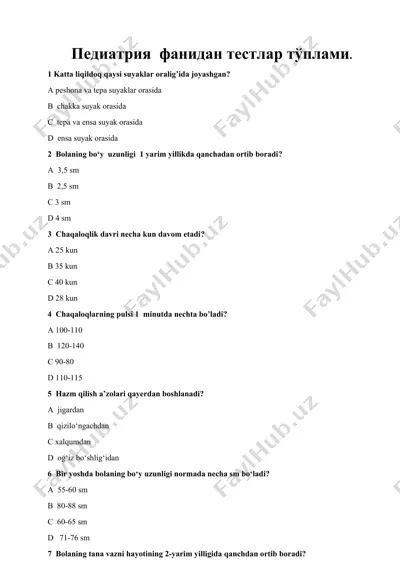 pediatriya fanidan testlar to'plami — DOCX