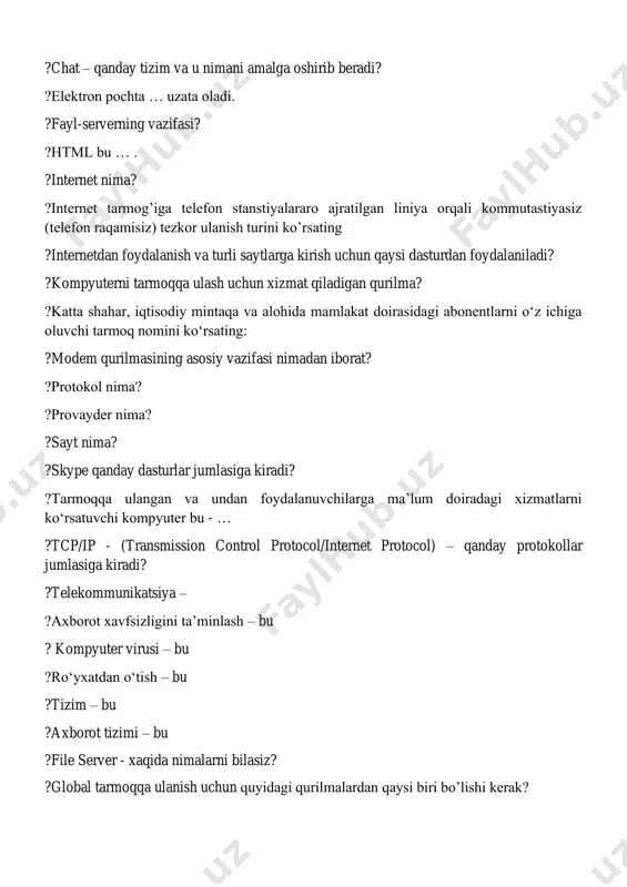 radi? ?ekspert tizimi - ?sun'iy intellekt bu ?kriptografiya (yunoncha maxfiy qo’lyozma) ?simmetrik kriptotizimlar ?asimmetrik kriptotizimlar ?axborot xavfsizligiga tahdidlar - ?axborot xavfsizligiga tahdid turlari ?“mijoz-server” texnologiyasida server-koordinator nima vazifani bajaradi ? kompyuterlarni o`zaro bir-biri bilan bog`lanish aloqasini qaysi yorliq orqali amalga oshiriladi? ?browser dasturi bu - ? ?chat – qanday tizim va u nimani amalga oshirib beradi? ?elektron pochta … uzata oladi. ?fayl-serverning vazifasi? ?html bu … . ?internet nima? ?internet tarmog’iga telefon stanstiyalararo ajratilgan liniya orqali kommutastiyasiz (telefon raqamisiz) tezkor ulanish turini ko’rsating ?internetdan foydalanish va turli saytlarga kirish uchun qaysi dasturdan foydalaniladi? ?kompyuterni tarmoqqa ulash uchun xizmat qiladigan qurilma? ?kаttа shаhаr, iqtisоdiy mintаqа vа аlоhidа mаmlаkаt dоirаsidаgi аbоnеntlаrni o‘z ichigа оluvchi tаrmоq nоmini ko‘rsаting: ?modem qurilmasining asosiy vazifasi nimadan iborat? ?prоtоkоl nimа? ?prоvаydеr nimа? ?sayt nima? ?skype qanday dasturlar jumlasiga kiradi? ?tarmoqqa ulangan va undan foydalanuvchilarga ma’lum dоirаdаgi xizmatlаrni ko‘rsatuvchi kompyuter bu - … ?tcp/ip - (transmission control protocol/internet …