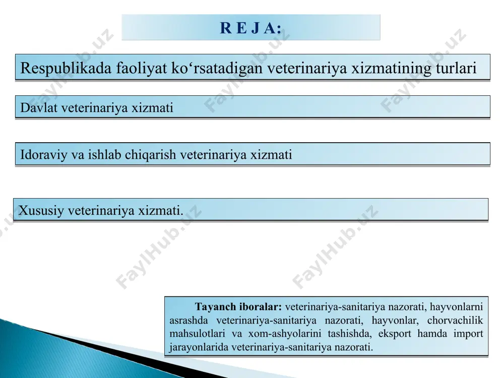 ari, sut va sut mahsulotlari ishlab chiqarish korxonalari, mahsulot muzlatkichlari, teri va junni qayta ishlash zavodlari, util zavodlar va hokazo) savdo – chorva mollari va ularning mahsulotlarini sotish tarmoqlari, bundan tashqari veterinariya tadbiriy choralari – oziq-ovqat, bozorlar va boshqa sanoat tarmoqlarida, chorva mollari va ularning mahsulotlarini import va eksport jarayonlarida xalq farovonligi va davlat ravnaqiga xizmat qiladi veterinariya xizmatini bosh yo‘nalishi - profilaktika veterinariya xizmati yagona va yaxdil mamlakatimizda davlat vetrinariyasi yetakchilik qiladi veterinariya ta’limi, fani va amaliyoti mushtarakdir. veterinariya tadbirlari qat’iy rejali amalga oshiriladi. veterinariya ishida barcha davlat organlari, xo‘jalik xodimlari va nodavlat tashkilotlari keng faoliyat ko‘rsatadi. respublikamizning veterinariya xizmati quyidagi o‘ziga xos xususiyatlarga ega: chorvachilikda yuqumli va yuqumsiz kasalliklarning oldini olish va yo‘qotish aholini antropozoonozlardan muhofaza qilish. veterinariya-sanitariya jihatdan sog‘lom va sifatli mahsulot hamda xom ashyo ishlab chiqarishni ta’minlash chorva mollarining bosh sonini va mahsulotini ko‘paytirish. respublikamiz hududiga xorijdan yuqumli kasalliklar kirib kelishini bartarf etish. veterinariya xizmatining vazifalari: …