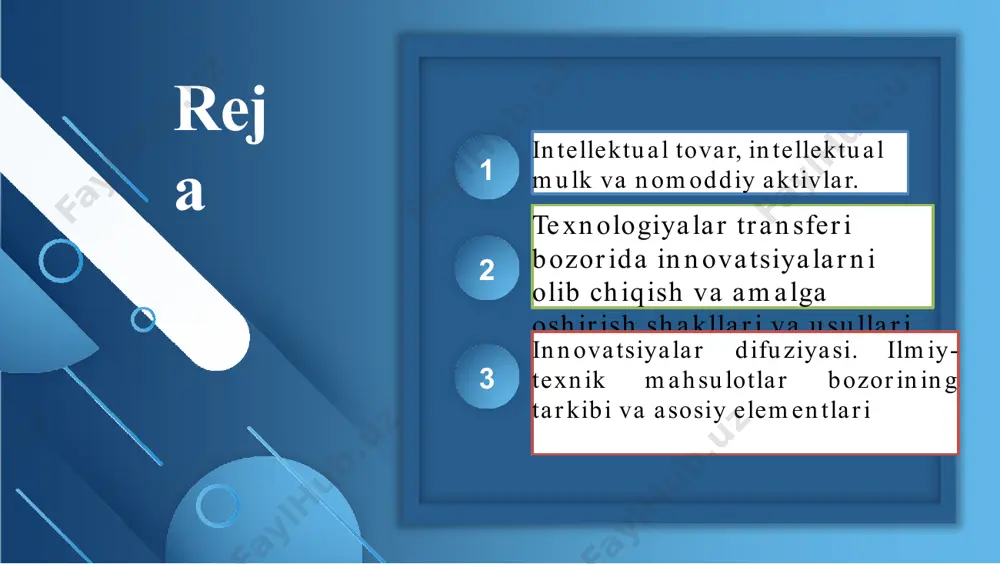 xususiy sektorga akademik va sanoat texnologiyalar transferi korporativ texnologiyalar transferi to‘g‘ridan-to‘g‘ri litsenziyalash – innovatsion texnologiyalarni uchinchi tomonlarga litsenziya asosida taqdim etish. – tayyor texnologik yechimlar va biznes modellarini boshqa subyektlarga uzatish. – korxonalar va ilmiy tadqiqot institutlari o‘rtasida texnologik hamkorlik. startap va spin-off kompaniyalar yaratish – ilmiy ishlanmalarni tijoratlashtirish uchun yangi kompaniyalar tashkil etish. – texnologik bilimlarni va innovatsion yechimlarni kompaniyalarga xizmat sifatida taqdim etish. texnologiya transferining asosiy shakllari to‘g‘ridan-to‘g‘ri litsenziyalash korporativ hamkorlik va qo‘shma tadqiqotlar korporativ hamkorlik va qo‘shma tadqiqotlar autsorsing va konsalting xizmatlari franchayzing innovatsiyalarni amalga oshirish usullari tijoratlashtirish – ilmiy ishlanmalarni bozorda sotish yoki xizmat sifatida taklif etish. texnologik inkubatorlar va akseleratorlar – yangi innovatsion mahsulotlarni tezkor rivojlantirish uchun maxsus muhit yaratish. ochiq innovatsiyalar – foydalanuvchilar, hamkorlar va tadqiqotchilarni innovatsion jarayonga jalb qilish. venture kapital va investitsiyalar jalb qilish – yangi texnologiyalarni moliyalashtirish uchun investorlarni jalb etish. kraudfanding platformalari – innovatsion g‘oyalarni ommaviy moliyalashtirish orqali amalga oshirish. …