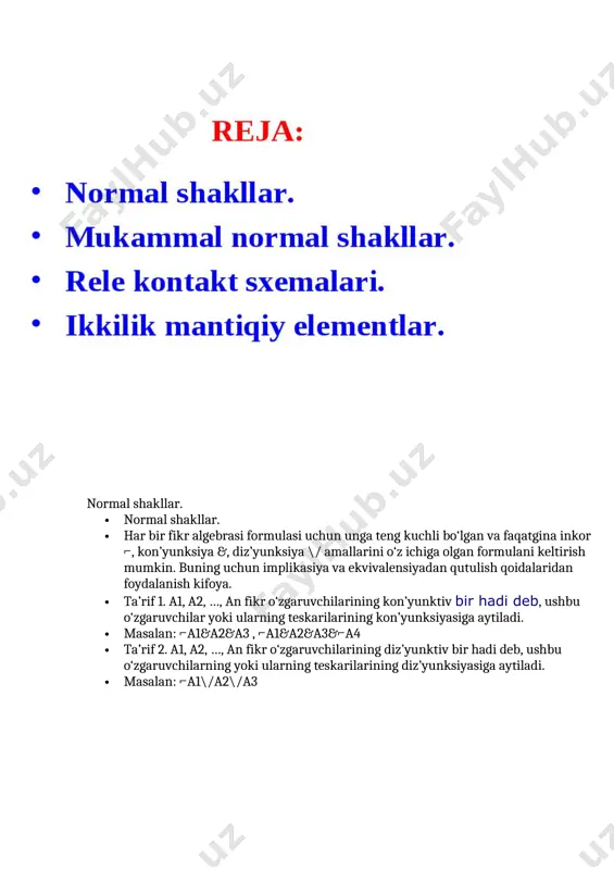 a 2. har bir tavtologiya bo‘lmagan fikrlar algebrasi formulasi, yagona mknsh ga ega bo‘ladi. rele kontakt sxemalari. ikkilik mantiqiy elementlar. · rele kontakt sxemalari. ikkilik mantiqiy elementlar. · 1. “va” mantiqiy elementi. · “va” mantiqiy elementini ayrim hollarda “hammasi yoki hech narsa” elementi ham deyishadi. mexanik o‘chirib-yoqgichlar orqali “va” mantiqiy elementini ishlash printsipini ko‘rsatish mumkin. kalitlar ketma-ket ulangan bo‘lsin: · l1 lampani yoqish uchun nima qilish · kerak? buning uchun ikkala kalitni · ham yopish kerak, boshqacha qilib · aytganda l1 lampa yonishi uchun a kalit va b kalitni ham yopish kerak. “va” mantiqiy elementini integral sxemalar korpusida bo‘lgan va tranzistorlarda ko‘p yig‘ilgan. “va” mantiqiy elementini sxemada ko‘rsatish uchun quyidagi belgilashdan foydalaniladi. va” mantiqiy elementi ava b kirish kalitlariga ulangan. chiqish indikatori bo‘lib svetodiod xizmat qilsin. agar a va b kirish joylarida “past” mantiqiy darajali signal (er) paydo bo‘lsa, u holda svetodiod yonmaydi. ushbu holatda quyidagi jadvalda keltirish mumkin. · …