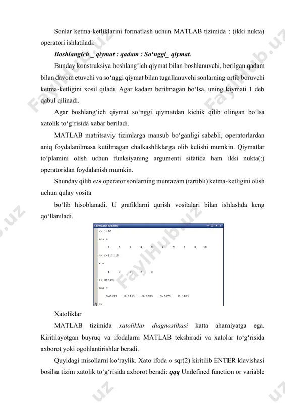 qilishi mumkinligini koʻrsatadi. xatolik toʻgʻrisida axborot (qqq belgisidan keyin) hisoblashlarni toʻxtatadi. sonlarni formatlash odatda matlab sonli natijalarni oʻnli nuqtadan keyin toʻrtta va undan oldin bitta raqamga ega boʻlgan normallashtirilgan shaklda beradi. bunday format hamma vaqt ham qoniqarli boʻlmaydi. shuning uchun matlab da sonlar uchun har xil formatlarni berish imkoniyati ham mavjud. lekin hisoblar har qanday holda ham ikkilangan aniqlikda olib boriladi. kerakli formatni oʻrnatish uchun » format name buyrugʻidan foydalaniladi, bu yerda name — formatning nomi. sonli maʻlumotlar uchun name quyidagicha boʻlishi mumkin: · short — qisqa (beshta belgi); · short e — qisqa eksponensial formatda (beshta belgi mantissa uchun va uchta belgi tartibi uchun); · long — uzun fiksatsiyalangan formatda (15ta belgi); · long e — uzun eksponensial formatda (15ta belgi mantissa uchun va 3 ta belgi tartibi uchun); · hex — oʻn oltilik shaklda; · bank —pul birliklari uchun. ekranga chiqarilayotgan sonlarning kasr qismidagi ahamiyatga ega boʻlmagan nollarni …