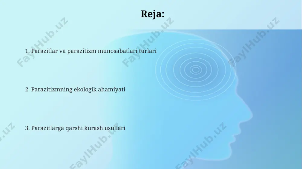masalan, toxoplasma gondii, miya va boshqa a'zolarga ta'sir qilib, xulq-atvor o'zgarishlariga va hatto 10% hollarda ruhiy kasalliklarga olib kelishi mumkin. odamlarda parazitar kasalliklar toksoplazmoz, toxoplasma gondii paraziti sabab bo'ladigan kasallik, dunyo bo'ylab 30% dan ortiq odamlarda uchraydi, ammo ko'pincha asemptomatik bo'ladi. homilador ayollar uchun esa bu infektsiya jiddiy xavf tug'diradi, chunki homilaga zarar yetkazishi mumkin. odamlarda parazitar kasalliklarning 70% dan ortig'i rivojlanayotgan mamlakatlarda, xususan janubiy osiyo va afrika davlatlarida uchraydi, bu esa sanitariya sharoitlari va gigiena qoidalariga rioya qilinmasligi bilan bog'liq. giardia lamblia kabi ichak parazitlari yiliga 200 milliondan ortiq odamni kasallantiradi, bu esa suv orqali yuqadigan infektsiyalarning keng tarqalgan sababidir. bu infektsiyalar, ayniqsa, toza suv manbalariga ega bo'lmagan hududlarda, masalan, markaziy afrika mamlakatlarida ko'p uchraydi. parazitizm turlarining xilma-xilligi hayvonlarda uchraydigan parazitlarning xilma-xilligi juda katta, masalan, 30000 dan ortiq turdagi nematodalar, ularning aksariyati inson va hayvonlarning ichak tizimida yashaydi. suv muhitida yashovchi parazitlar, xususan, baliqlarda 500 dan ortiq turdagi ektoparazitlar, …
