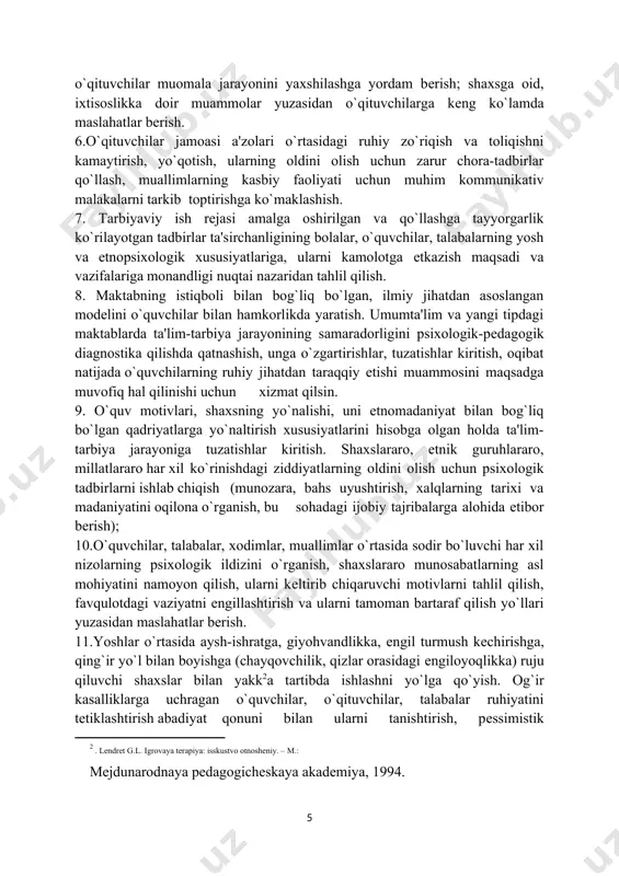 ka) ruju qiluvchi shaxslar bilan yakk[footnoteref:2]a tartibda ishlashni yo`lga qo`yish. og`ir kasalliklarga uchragan o`quvchilar, o`qituvchilar, talabalar ruhiyatini tеtiklashtirish abadiyat qonuni bilan ularni tanishtirish, pеssimistik kayfiyatdan voz kеchib, ularni shukrona qilib yashashga o`rgatish yuzasidan tavsiyalar bеrish, bеvaqt halokatning oldini olish. 12. xulqi, xatti-harakati buzilgan o`rta va oliy maktab o`quvchilari, muallimlari, talabalari bilan yakka tartibda ish olib borish. 13. o`zlashtirmovchi o`quvchilar va talabalar ruhiy dunyosidagi nuqsonlarni aniqlash, ularga yordam bеrish yo`l-yo`riqlarini ishlab chiqish, amaliyotga tatbiq qilish hamda korrеksion ishga muhtoj kishilarning individual-psixologik xususiyatlarini hisobga olish. 14.o`z-o`zini boshqarish imkoniyatini o`rta va oliy maktab jamoalari a'zolari o`rtasida aniqlash(bioritmika, emotsiya, motivatsiya, iroda, qiziqish va diqqatni shaxstomonidan idora qilinishi nazarda tutiladi). 15. tarbiya va ta'limning yangi mеtodlari samaradorligini tеkshirish va boshqalar. psixoprofilaktik ish - amaliyotchi psixologning eng kam ishlangan faoliyat turlaridan biri hisoblanadi. psixoprofilaktika muammolari ko`proq amеrikaadabiyotlarida aks etgan. psixoprofilaktikada uch bosqich ajratib ko`rsatiladi: birinchi bosqich dastlabki profilaktika dеb ataladi. bu bosqichda psixolog sog` bolalar bilan …