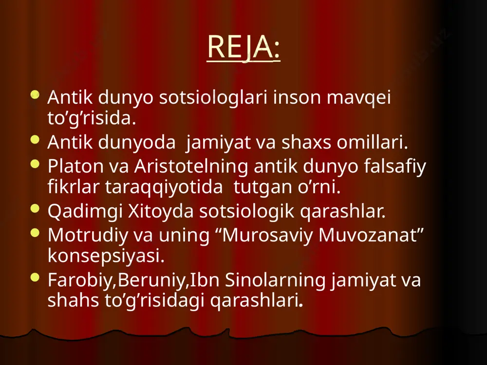lishi natijasida suv, tuproq, tosh va olovdan iborat zaruriy qismlar yuzaga keladi. havo insonning amal qilish makoni hisoblanadi va havosiz qolgan paytda har qanday jism tarkibiy va mazmuniy o’zgarishga yuz tutadi. qadimgi grek sosiologlari orasida (somos shahrida tug’ilib, faoliyat yuritgan) pifagor alohida o’rin tutadi.pifagor davrida turli arxaik diniy qarashlar o’rniga nisbatan umumiy rol mohiyat kasb etuvchi xudolarga sig’inish taomilga kira boshladi. pifagor nuqtai nazariga ko’ra, olam abadiy bo’lib, insondagi ruh ma'lum muddatdan so’ng boshqa narsalarga ko’cha- di.pifagorning tabiat va jamiyatdagi "jon"ning ko’chib yurishi g’oyasi hamda atrof-muhitdagi jamiki narsalarning birligi va qarindoshligi dun- yoni o’zaro murosa muvozanatida saqlashga da'vat etuvchi sosiologik qarashlar sifatida insoniyat tarixida muayyan rol o’ynaydi. 2.grek demokratiyasi ravnaqi davri sosiologiyasi namoyondalari geraklit parmenid, zenon, empedokl, anaksagor, protogor, gorgiy va boshqalar hisoblanadi. geraklit fikricha, tabiatda hamma narsa birlamchi va u birlamchi narsaga albatta qaytadi. bu birlam- chi asos esa olovdir. zero, olov tabiatdagi eng faol o’zgaruvchan hodisadir. parmenid va …