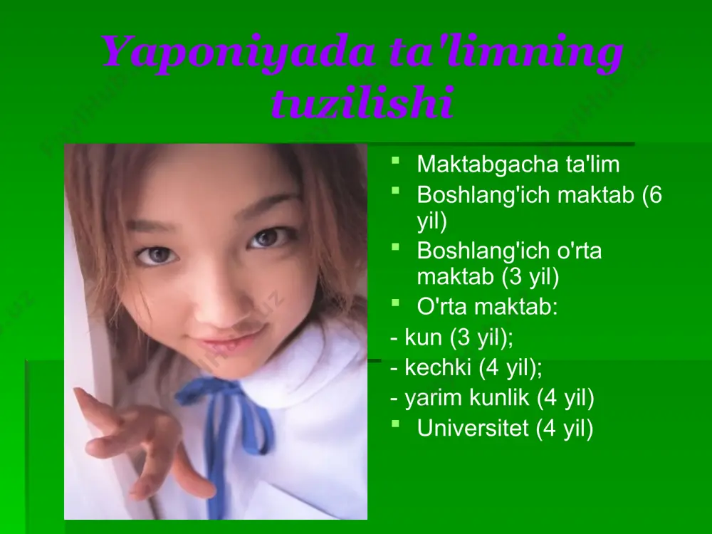 shom (4 yil) xat yozish (4 yil) ikkinchi bosqich umumta'lim maktabining xususiyatlari yangi fanlar: chet tillari, texnik, maxsus. 12-sinfda o'quvchi o'quv profillaridan birini tanlaydi. universitet bilimlarini baholash tizimi - bitiruvdan keyin 80 kredit. juku (“mukammallik maktabi”) repetitorlik maktabidir. bu yerda har kuni darsdan keyin 3 yoshdan 18 yoshgacha bo‘lgan o‘quvchilar shug‘ullanadi. talaba imtihonda porlashi uchun maxsus yollangan o'qituvchilar maktabga yangi bilimlarni qo'shadilar. oliy ma'lumot to'liq tsiklli universitetlar (4 yil) fast track universitetlari (2 yil) kasb-hunar kollejlari texnik institutlar yaponiyada oliy ta'lim majburiy bo'lib, kasbiy ta'lim tizimi bilan birlashtirilgan. universitet o'rta maktabni tugatgandan so'ng universitetga kirishingiz mumkin. qabul qilishning ikki bosqichi: universitet qabul qilish milliy markazi tomonidan boshqariladigan "umumiy darajadagi 1 muvaffaqiyat testi"ni yozish. universitetlarga kirish imtihonlarini topshirish. nufuzli davlat universitetlari tokio – 11 fakultet kioto – 10 ta fakultet osaka universiteti – 10 ta fakultet xokkaydo toxoku yaponiyada jami 600 ga yaqin universitetlar, shu jumladan 425 ta xususiy universitetlar mavjud. …