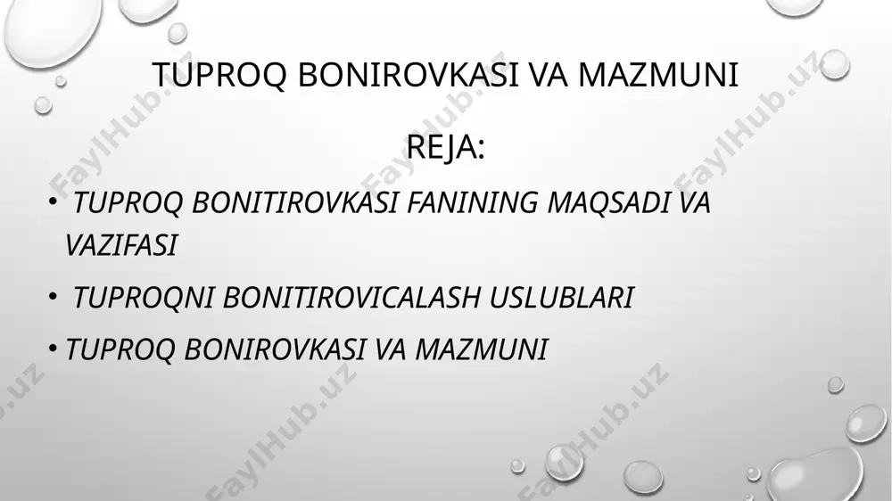 nga ball bilan solishtirma baho qo‘yishdir. tuproq bonitirovkasi (lat. bonitas - sarxillik) bu tuproqlami ishlab chiqarishdagi qobiliyati asosida sifat jihatdan taqqoslash tushuniladi. boshqacha qilib aytganda, tuproq bonitirovkasi unumdorligi ballarda ifodalaniladigan maxsus genetik ishlab chiqarilgan tasnifdir. tuproq boniteti tuproqning mahsuldorligi va uning sifatini belgilovchi ifodadir. m amlakatimiz tuproqlari to‘g‘risidagi dastlabki m a’lumotlar mashhur yunon va rimning olimlar asarlarida uchraydi. jumladan, 0 ‘rta osiyoda irrigatsiya tarixi bundan 2-3 ming yil oldin boshlanganligi sababli, kishilar tuproqlar haqida tasavvurga ega bo‘lganliklari to‘g‘risida yozadi. 0 ‘zbekistonda dastlabki m a’lumotlar ix -x asrlarda ijod qilgan sharqning buyuk qomusiy olimlari abu rayxon beruniy va abu ali ibn sino asarlarida tuproq haqida fikrlar aytilgan. beruniy kitoblarida o 'rta osiyo, jum ladan, 0 ‘zbekiston hududida asosiy tuproq paydo qiluvchi jinslam ing kelib chiqishi va xossalari to‘g‘risida mulohazalar bildirilgan. tuproq unum dorligini ularning xususiyatiga k o 'ra baholash yoki tabiiy-tarixiy uslub. bonitet ballari tuproqning xususiyatlari asosida va o'rganiladigan hududda ekiladigan …