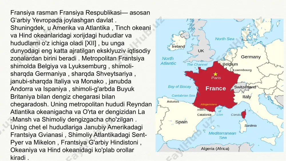 demokratik respublikasi, kongo respublikasi, kot d’ivuar, mali, markaziy afrika respublikasi, niger, senegal, togo, chad davlatlarining rasmiy tili; belgiya qirolligi, shveysariya konfederatsiyasi, kanada, lyuksemburg, andorra, kamerun, madagaskar, burundi, ruanda, komor orollari federativ islom respublikasi, jibuti, vanuatu, seyshel orollari davlatlaridagi rasmiy tillardan biri. italiya va aqshning belgili hududlarida ham tarqalgan. soʻzlashuvchilarning umumiy soni 100 mln. kishidan, fransiyaning oʻzida 57 mln. kishidan ortiqroq (oʻtgan asrning 90-yillari). bmtning rasmiy va ishchi tillaridan biri. miloddan avvalgi 51-yilda rim bu hududni qo'shib olishidan oldin , frantsiya metropoliteni temir asrida gallar nomi bilan tanilgan kelt qabilalari tomonidan joylashtirildi va bu aniq gallo-rim madaniyatiga olib keldi . ilk o'rta asrlarda german franklari fransiya qirolligini tuzdilar , u karoling imperiyasining yuragi bo'ldi . 843 yilgi verden shartnomasi imperiyani boʻlib, gʻarbiy fransiya fransiya qirolligiga aylandi . yuqori o'rta asrlarda frantsiya kuchli, ammo markazlashmagan feodal qirollik edi, ammo 14-asr o'rtalaridan 15-asr o'rtalarigacha frantsiya angliya bilan yuz yillik urush deb nomlanuvchi sulolaviy …
