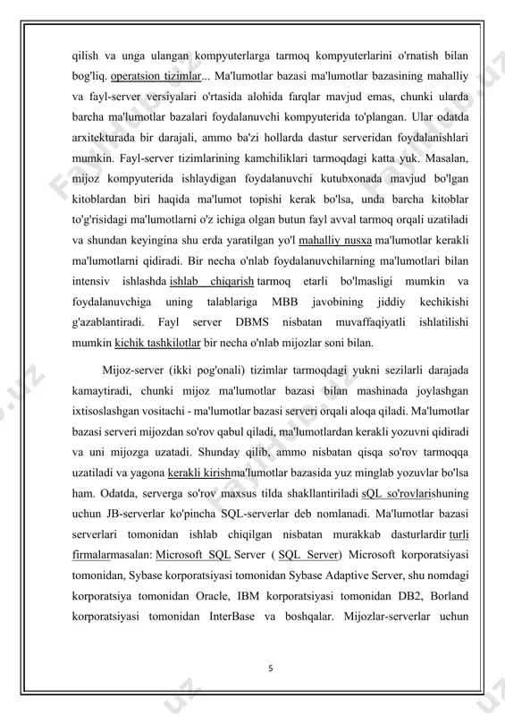 poratsiyasi tomonidan, sybase korporatsiyasi tomonidan sybase adaptive server, shu nomdagi korporatsiya tomonidan oracle, ibm korporatsiyasi tomonidan db2, borland korporatsiyasi tomonidan interbase va boshqalar. mijozlar-serverlar uchun ma'lumotlar bazasi yuzlab va minglab mijozlar joylashgan joylarga qadar ishlashni yoki miqyosni taqdim etadi. tarqatilgan dbmslar bir necha o'nlab yoki yuzlab ma'lumotlar bazalari serverlarini o'z ichiga olishi mumkin. ulardagi mijozlar soni o'nlab va yuz minglab kishini tashkil qilishi mumkin. odatda, bunday mbblar alohida bo'linmalari katta hududga tarqalgan davlat darajasidagi tashkilotlarning ishini qo'llab-quvvatlaydi (masalan, rossiya federatsiyasi markaziy saylov komissiyasi). tarqatilgan dbms-larda ba'zi bir serverlar hayotiy ma'lumotni buzishi mumkin bo'lgan nosozlik va nosozliklarning juda kam ehtimolligiga erishish uchun bir-birini takrorlashi mumkin. relyatsion ma‘lumot modeli. ma‘lumotlar bazasida munosabatlar. relyatsion modelning afzalligi - bu kompyuterda jismoniy amalga oshirishning soddaligi, tushunarliligi va qulayligi. bu foydalanuvchi uchun sodda va tushunarli bo'lib, uni foydalanuvchi uchun ishlatishda asosiy sabab bo'lgan. ushbu turdagi ma'lumotlarni qayta ishlash samaradorligi muammosi texnik jihatdan hal qilinishi mumkin edi. …