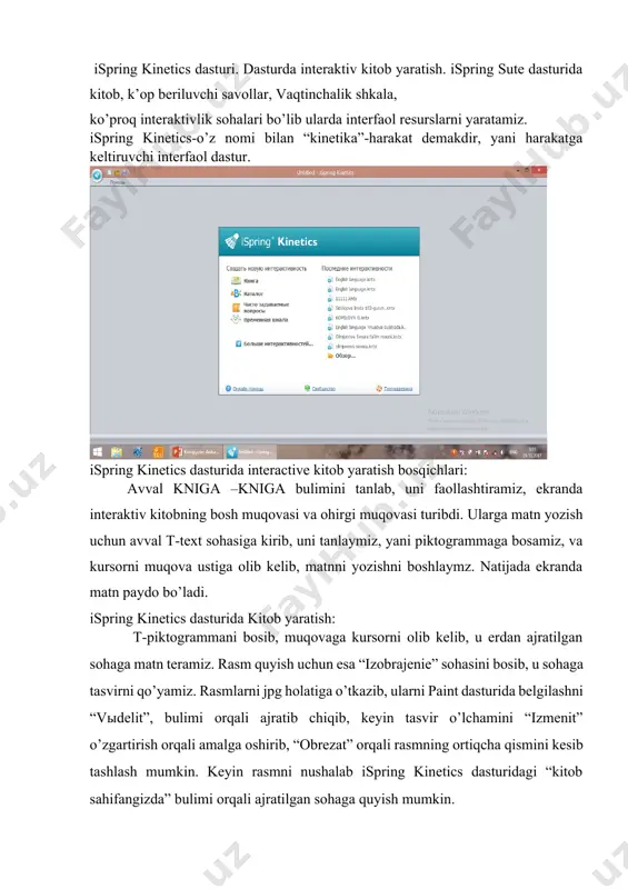 : ispring sute dasturi. ispring paketi dasturlarini faollashtiramiz va ekranda quyidagi vkladkadan ispring pro dasturini tanlaymiz. ispring pro dasturi: ispring pro dasturi ishga tushganda power pointni ishga tushiring yozuvi chiqadi va uni bosib, biz dasturni ishga tushiramiz. dasturda taqdimotni yaratib, unga o’z ovozingiz bilan video-ma’ruza yozishingiz, youtubedan kerakli filmni, video-larni qushishingiz mumkin.bu dastur video-lavhalarni taqdimotga quyish uchun va kameradan o’zingizni ma’ruza o’qishingizni ovozli video tariqasida yozishi mumkin. 2. bilimni baholash tizimlari haqida tushuncha. 3. bilimlarni baholashga mo’ljallangan dasturiy vositalar haqida ma’lumot va ularning test yaratish va o’tkazish dasturlari: mytest, easyquizzy. easyquizy dasturida test yaratish: avval ishchi stoldan q easyquizy piktogrammani topib, uni ishga solamiz. bu piktogrammaga burkangan dastur test yaratish uchun mo’jallangan dasturlardan biridir. test yaratuvchi dasturning bosh menyusi quyidagicha: “informatsiya o teste” ,“ “voprosы i otvetы”, “nastroyki testa”. ekranda dasturning ichki ko’rinishi ochiladi, uning menyularini ko’rib, test yozadigan sohasini topiladi va u erga test kiritiladi. buning uchun avval “prosmotret …