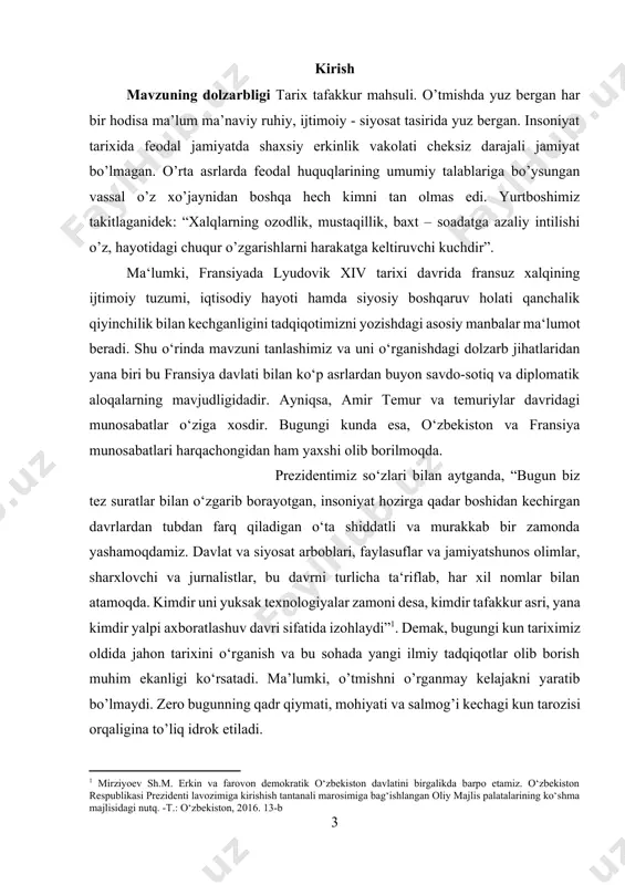 talarining ko‘shma majlisidagi nutq. -t.: o‘zbekiston, 2016. 13-b] mavzuning o’rganilganlik darajasi bugungi kunda fransiya tarixi yurtimizda mukammal darajada o’rganilmagan bo’lsada, jahon tarixchi olimlari tomonidan fransiya tarixi, hukumdorlarining ilmiy tadqiqotlarda o’rganilayotganiga guvoh bo’lib kelmoqdamiz. fransiya tarixini o’rganishda biz jahon tarixchi olimlaridan p. v. annenkov[footnoteref:2], a. i. gertsen[footnoteref:3], a.r. korsunskiy[footnoteref:4], littlvud yen[footnoteref:5], a. z. manfred[footnoteref:6], sh. ergashov[footnoteref:7], r. farmonov, o. sodiqov[footnoteref:8], u, jo'rayevlarning[footnoteref:9] olib borgan tadqiqotlari, ilmiy maqolalari, monografik va darslik kitoblaridan o’rganilib ushbu kurs ishini tadqiq qildik. kurs isining tarkibiy tuzilishi kirish, ikkita bob, to’rtta paragraf, xulosa va foydalanilgan adabiyotlardan iborat. [2: анненков.п.в. парижские писма. м., 1983.] [3: герцен.а.и.писма из франции и италии. м., 1950.] [4: корсунский а.р. образование раннефеодального государства в западной европе. – м., 2008.] [5: литтлвуд йен. история франции. – м., 2008.] [6: манфред а.з .история франции. – m, 1972.] [7: ergashov. sh. jahon tarixi. (yangi davr 1-qism). t. “o’zbekiston”. 2013.] [8: farmonov r. sodiqov о. jahon tarixi, …