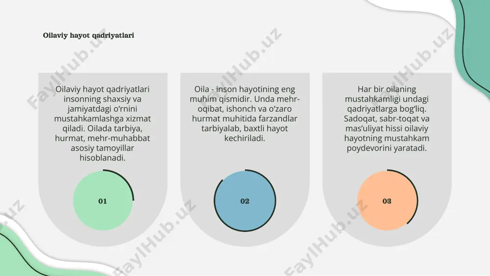 o hurmat va tushuncha bilan yashaganda, munosabatlar mustahkamlanadi va baxtiyorlik ortadi. bu qadriyat muhim ahamiyatga ega. mehr-muhabbatli muhitda voyaga yetgan farzandlar odatda mehribon va insonparvar bo'lib ulg'ayadi. ularning jamiyatga foydali shaxs bo'lishi uchun oilaviy tarbiya muhimdir. oila a'zolarining bir-biriga bo'lgan ishonchi va qo‘llab-quvvatlashi muammolarni yengishda yordam beradi. bir-birini tushunish va qadrlash hamjihatlikni mustahkamlaydi. 01 03 02 oilaviy an’analar va urf-odatlar oilaviy hayot qadriyatlari avloddan-avlodga o'tadigan an’analar va urf-odatlar orqali mustahkamlanadi. ushbu qadriyatlar mehr-oqibat, hurmat va birdamlikni targ'ib qiladi. har bir oila o'ziga xos an'analar va urf-odatlarga ega bo'lib, ular oila a’zolarini birlashtiradi. ular oilaviy munosabatlarni yanada mustahkam qilishga xizmat qiladi. oilaviy bayramlar, marosimlar va odatlar jamiyatda mustahkam o'rin egallaydi. bu qadriyatlar farzandlar tarbiyasida katta ahamiyat kasb etadi va davom ettiriladi. 01 02 03 oilaviy hayotda vaqt ajratish juda muhim. oila a'zolari birgalikda vaqt o'tkazsa, munosabatlar mustahkamlanadi. birga bo‘lish mehr va tushunishni oshiradi. 01 har kuni oila uchun maxsus vaqt ajratish …