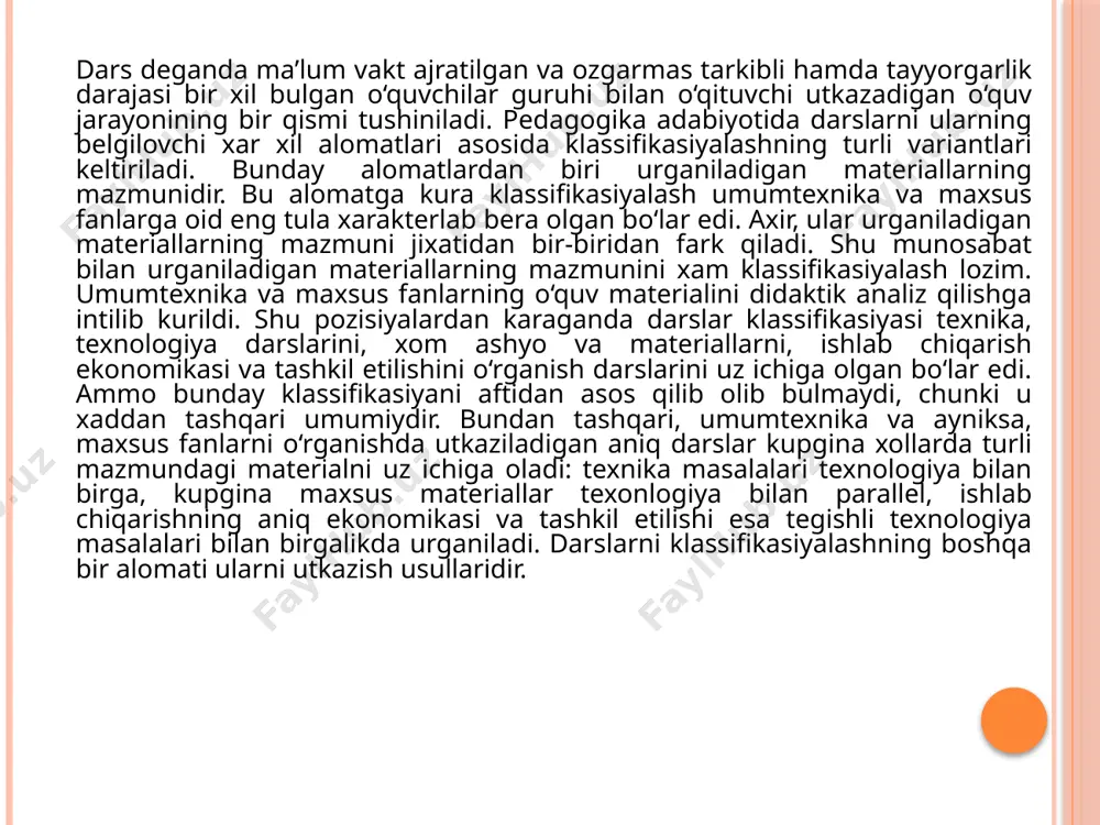 bir o'quvchi o'z mavzusining mohiyatini ochib berganidan so'ng sinfdagi boshqa o'quvchilar so'zga chiqib mavzuni to'ldirishi mumkin bo'ladi. dars oxirida har bir so'zga chiqqan, munosabat bildirgan, fikrlarini to'ldirgan ishtirokchilarning faoliyati tahlil qilindi, har biri haqida alohida fikr aytilib baholanadi. seminar darslari o'quvchilarda mustaqil izlanish va javobgarlik hissasini tarbiyalaydi. 3. laboratoriya darsi- o'quvchilar turli o'quv predmetlari bo'yicha tajribalar, turli qurilmalar yordamida sinov ishlari o'tkazadi. laboratoriya darsi amaliy dars ham deb yuritiladi. amaliy darslarda o'quvchilar guruhlarga ajralib, turli esperimental topshiriqlarni bajarishadi. 4. konferensiya darsi - o'qituvchi konferentsiya darslarini tashkil etishdan avvol dars mavzusi, maqsad va vazifalarini aniq belgilab olishi, mavzuga oid adabiyotlar ro'yxatini tayyorlashi talab etiladi. 5. bahs-munozara - o'quvchilarga bir kum oldin mavzu beriladi. o'quvchilar mavzuni o'qib, savollarga javob topib, darsda o'quvchilardan o'sha savollarga javoblar bahs-munozara asosida olib boriladi. 6. musobaqa darsi- adabiyot o'qitishining samarali darslardan biri hisoblanadi . bunday darslarda har bir alohida shaxslar yoki o'quvchilar guruhlari bir- biri bilan musobaqalashadilar. …