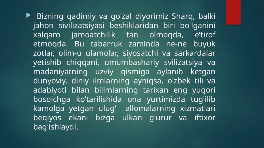 g‘imiz kabi, arablar arabistonlarini, qumlik, issig‘ cho‘llarini, eskimo‘lar shimol taraflarini, eng sovuq qor va muzlik yerlarini boshqa yerlardan ziyoda suyarlar /docprops/thumbnail.jpeg