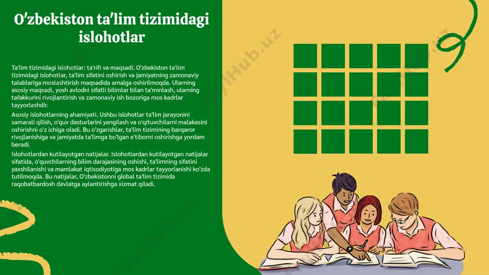 a ularning maoshlarini yaxshilash; 3) talabalar uchun amaliy ko'nikmalarni oshirishga qaratilgan dasturlarni yaratish; 4) ta'lim tizimida xalqaro standartlarga mos keladigan sifatni ta'minlash. islohotlarning samaradorligini baholash o'tkazilgan islohotlar natijasida ta'lim sifatida sezilarli o'zgarishlar ro'y berdi. o'quvchilar va talabalar orasida bilim darajasi oshdi, shuningdek, ta'lim muassasalarining infratuzilmasi yaxshilandi. masalan, 2021-yilda o'quvchilar 15% ko'proq bilim olishdi, bu esa ta'lim sifatining yaxshilanishini ko'rsatadi. ta'lim tizimini rivojlantirish uchun yangi strategiyalar kelajakda ta'lim tizimini rivojlantirish uchun yangi strategiyalar ishlab chiqilishi zarur. bu strategiyalar o'quv dasturlarini zamonaviylashtirish, ta'lim jarayonida ko'proq interaktiv va amaliy usullarni qo'llash va xorijiy tajribalarni o'rganishni o'z ichiga oladi. xulosa va kelajak istiqbollari o'zbekiston ta'lim tizimidagi islohotlar davomiyligi ta'lim sifatini oshirish va xalqimizning intellektual salohiyatini rivojlantirishga qaratilgan. ushbu islohotlar davomida yangi metodologiyalar joriy etilib, xalqaro standartlarga mos kelishi ta'minlanmoqda. o'tgan yillardagi islohotlar natijasida o'quvchilarning bilim darajasi ko'payganligi ko'rsatkichlar bilan tasdiqlanadi. kelajakda ta'lim sohasida innovatsion texnologiyalarni qo'llash, masofaviy ta'limni rivojlantirish va o'quv dasturlarini yangilash kutilmoqda. …