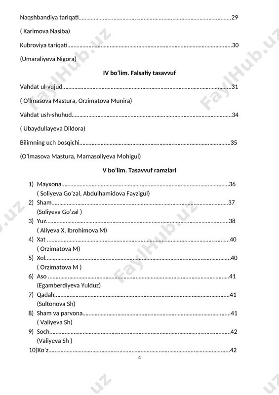sharqshunos olim nikelson turli manbalarni o`rganib, sufizm so`zining 78 xil ma`noda qo`llanganini aniqlagan. tasavvuf so`zining lug`aviy ma`nolari haqida turli xil qarashlar mavjud. usmon turarning “tasavvuf tarixi” kitobida ularning ayrimlari sharhlangan: a) tasavvuf so’zi “as`hobi suffa” dan paydo bo’lgan. bu nuqtai nazarga ko’ra, so’fiylar holu harakatlari bilan as`hobi suffaga o’xshaydilar. zero, as`hobi suffa (supa) ko’p vaqtlarini masjidi nabaviyning suffa (supa)sida ibodatu zikr bilan o’tkazganlar. biroq as’hobi suffa bilan so’fiylarning yashash tarzi bir-birlariga o’xshash bo’lsa-da, asos jihatdan bu qarash to’g’ri emas . b) tasavvuf kalimasi “saff”dan paydo bo’lgan. so’fiylar allohning roziligiga muvofiq yashaganliklari tufayli oxiratda alloh huzurida oldingi safda turadilar , degan tushunchadan paydo bo’lgan. bu nuqtai nazar ham kelib chiqish jihatidan to’g’ri emas. c) “banu sufa”ga nisbat berilib, so’fiy deyilgan. banu sufa mudor qabilasiga mansub bo’lib, ka’batullohga xizmat qilib, alloh roziligi uchun xalqqa xizmar qilgan va astoydil ibodatga berilgan bir sulolaning ismidir. so’fiylar tabiati jihatdan ularga o’xshatilib, bu qarash olg’a surilgan. …