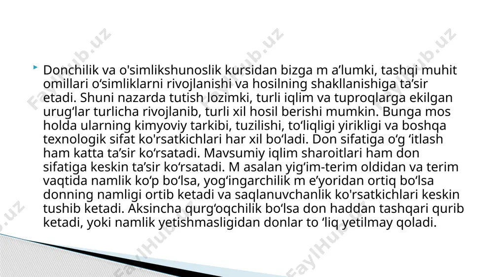 da donlarning ushlanib qolinishini oldini olishga imkon beradi. donning fizik xossalari mexanizatsiyalashtirish va avtomatlashtirish jarayonlarida, shu jum ladan donlarni xirmonlarga joylashtirish, quritishning zamonaviy usullarini tadbiq etish, donni qayta i shlash bilan bog‘ liq j arayonlarda tebranma transportyorlarni qo ‘ hash va donlarni yirik inshootlarda (siloslar, zamonaviy elevatorlar, metall asosli bunkerlar va h.k.) saqlashda ayniqsa muhimdir. don massasi ikki fazali dispers sistema (don va havo) bo‘lib, sochiluvchan material hisoblanadi. yaxshi sochiluvchanlik donni noriyalar, transportyorlar. pnevmotransportyorli uskunalarda aralashtirish joylash, omborxona va transportlarga joylash va boshqalarda yengillik tug‘diradi. hozirgi paytda donni ortish-tushirish ishlarida, sochiluvchanlik xususiyatlaridan keng komamda foydalanilmoqda. bu prinsipga bog‘liq holda un va yorma zavodlarida don elevatorlari vertikal uslubda qurilgan. maxsus noriyalar yordamida elevatorning yuqorigi qavatiga ko‘tarilgan don massasi o‘zining to‘kiluvchanligi natijasida pastga belgilangan mashinalarga oqib tushadi. silos elevatorlarda yuklash-tushirish jarayonlari ham yuqoridagi prinsipga aoslangan. omborxonalami don massasiga to‘ldirish 39 darajasi ham sochiluvchanlikka bog‘liqdir: sochiluvchanlik qanchalik yuqori bo‘lsa silosning to ‘lishi shunchalik …
