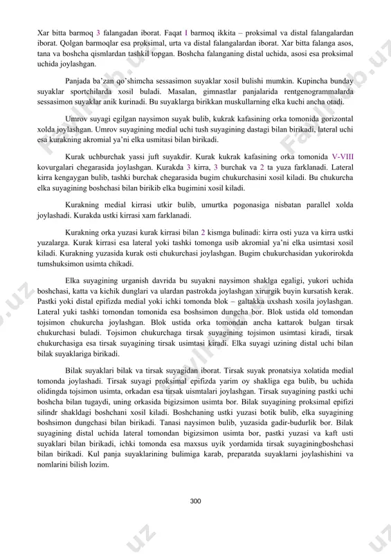 hak va 2 ta yuza farklanadi. lateral kirra kengaygan bulib, tashki burchak chegarasida bugim chukurchasini xosil kiladi. bu chukurcha elka suyagining boshchasi bilan birikib elka bugimini xosil kiladi. kurakning medial kirrasi utkir bulib, umurtka pogonasiga nisbatan parallel xolda joylashadi. kurakda ustki kirrasi xam farklanadi. kurakning orka yuzasi kurak kirrasi bilan 2 kismga bulinadi: kirra osti yuza va kirra ustki yuzalarga. kurak kirrasi esa lateral yoki tashki tomonga usib akromial ya’ni elka usimtasi xosil kiladi. kurakning yuzasida kurak osti chukurchasi joylashgan. bugim chukurchasidan yukorirokda tumshuksimon usimta chikadi. elka suyagining urganish davrida bu suyakni naysimon shaklga egaligi, yukori uchida boshchasi, katta va kichik dunglari va ulardan pastrokda joylashgan xirurgik buyin kursatish kerak. pastki yoki distal epifizda medial yoki ichki tomonda blok – galtakka uxshash xosila joylashgan. lateral yuki tashki tomondan tomonida esa boshsimon dungcha bor. blok ustida old tomondan tojsimon chukurcha joylashgan. blok ustida orka tomondan ancha kattarok bulgan tirsak chukurchasi buladi. …