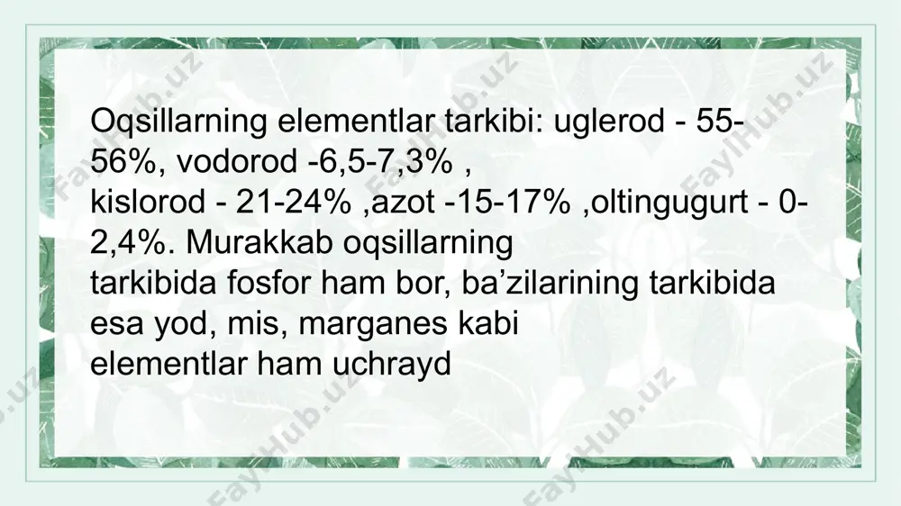 ega bo’ladi. fermentlar faqat tirik organizmlardagi reaksiyalarda ishtirok etadi va spesifiklik xususiyatiga ega. ya’ni har bir ferment organizmdagi ma’lum bir xil reaksiyani katalizlaydi. masalan,ureaza fermenti karbamidga, amilaza - kraxmalga: katalaza vodorodperoksidga va hokazo. 12 13 thank you image7.png image5.png image6.png image8.jpeg image9.jpeg image10.png image11.jpeg image12.jpeg