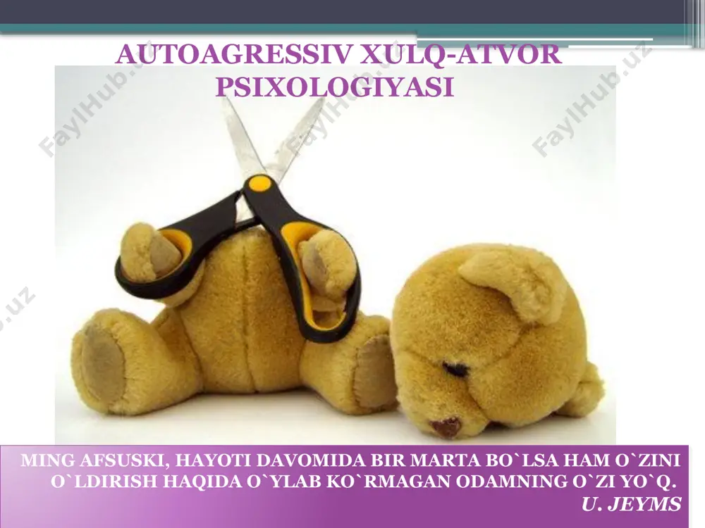 tip: shaxsiy krizis va vaziyatlarning salbiy yakuni bilan bog`liq; altruistik tip: boshqa kishilar uchun amalga oshirilishi; egoistik tip: ma`lum bir individning ijtimoiy talablari bilan jamiyat normalarining mos kelmasligi. psixologik konsepsiya suisidal tendensiyalarning shakllanishida yetakchi rolni – psixologik faktorlar egallaydi. masalan, freydizmdagi “tanatos”dan tortib, to bugungi kundagi “psixologik dezadaptatsiya” tabiati haqidagi g`oyalar kiradi. konsepsiya tarafdorlarining fikricha: suisid – bu o`z-o`zini qayta ko`rib chiqishga qaratilgan qotillikdir. suisidal demonstratsiya xavfi xarakter aksentuatsiyasi tiplari bo`yicha quyidagicha: продажи estiroid, bezovtalanuvchi, gipertim 40% senzitiv 43% sikloid 15% shizoid 2% 0.4 0.43000000000000033 0.15000000000000016 2.0000000000000025e-2 n.v. kanonchuk , v.k. myager suisident uchun xarakterli bo`lgan quyidagi 3 faktorni keltiradi: ehtiyojlarning haddan tashqari kuchayishi; yuqori darajadagi emosional yaqinlikka bo`lgan munosabatlarga ehtiyojning kuchayishi; frustratsiyaga nisbatan tolerantlik va kompensatsiya qobilyatining sustligi v.а. tixonenko suidsidal xatti-harakatning 4 asosiy sababini keltiradi(1978) : izolyatsiya (hech kim seni tushunmaydi, sen bilan hech kimning ishi yo`qligini his etish); ilojsizlik (hayot senga bog`liq emasligini his etish); umidsizlik (kelajak …